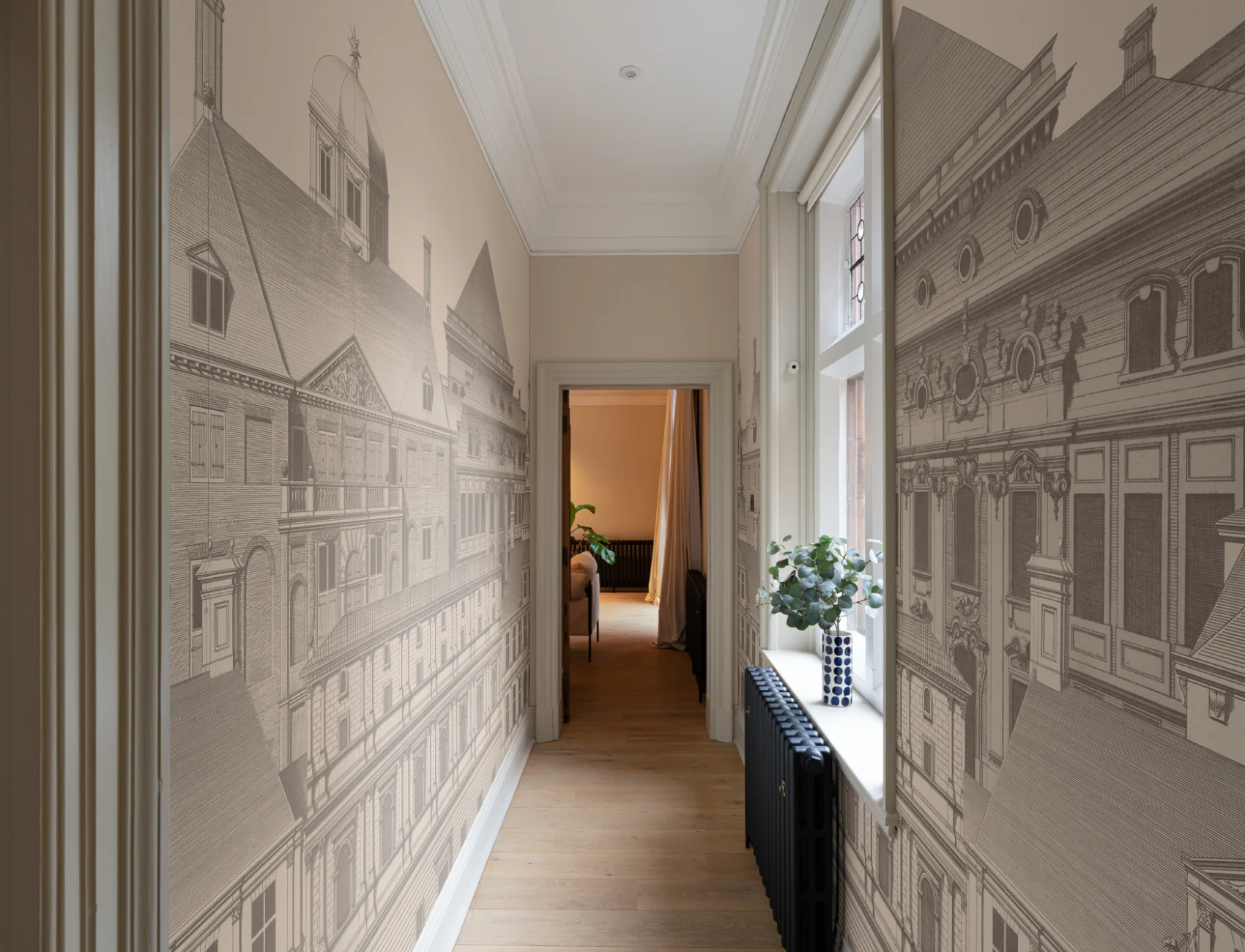 Mural de papel pintado con grabados de arquitectura clásica Diseño de Jan Matthysz y Pieter Jansz Post en gris