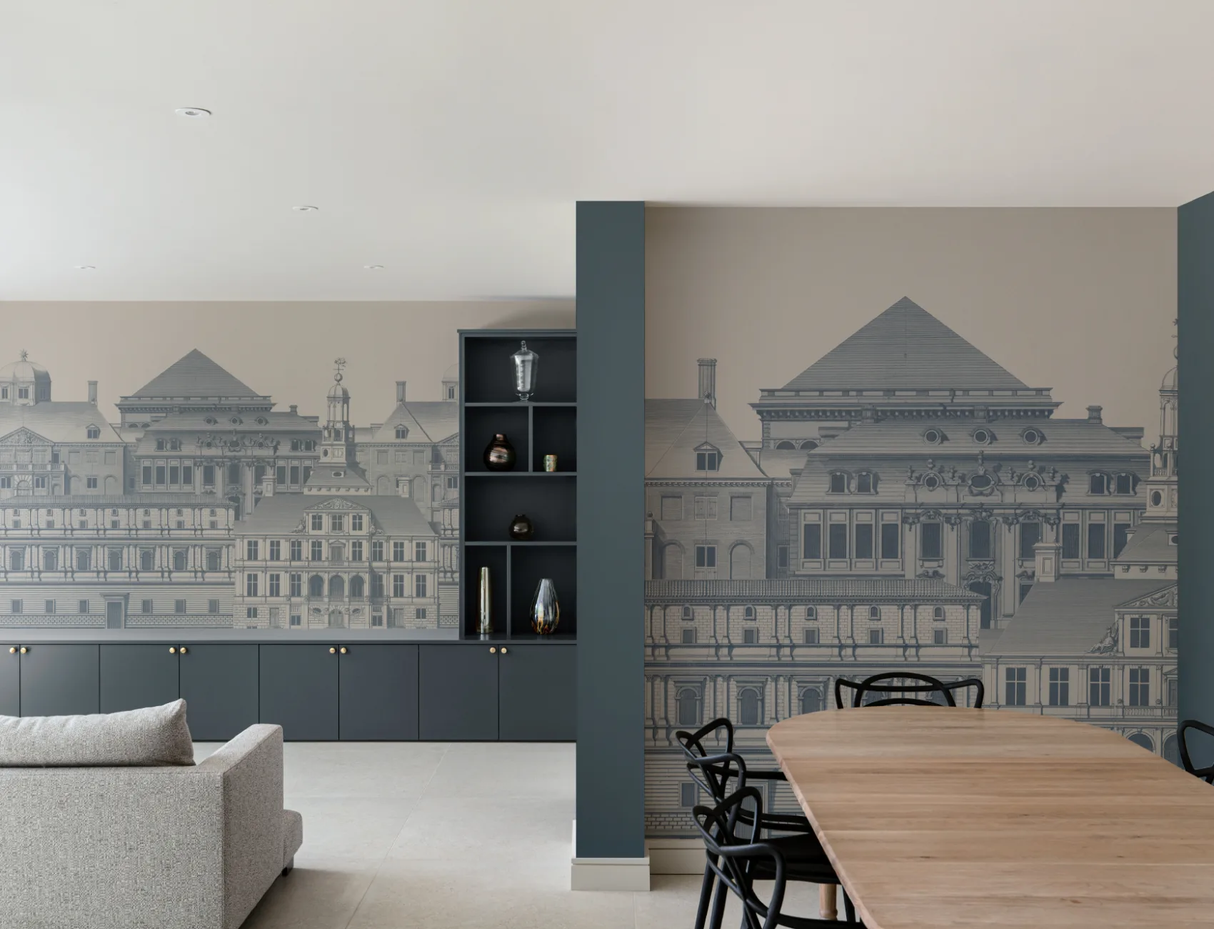 Classical Architectural Etching Wall Mural Blueprint Design by Jan Matthysz and Pieter Jansz Post in Navy Blue