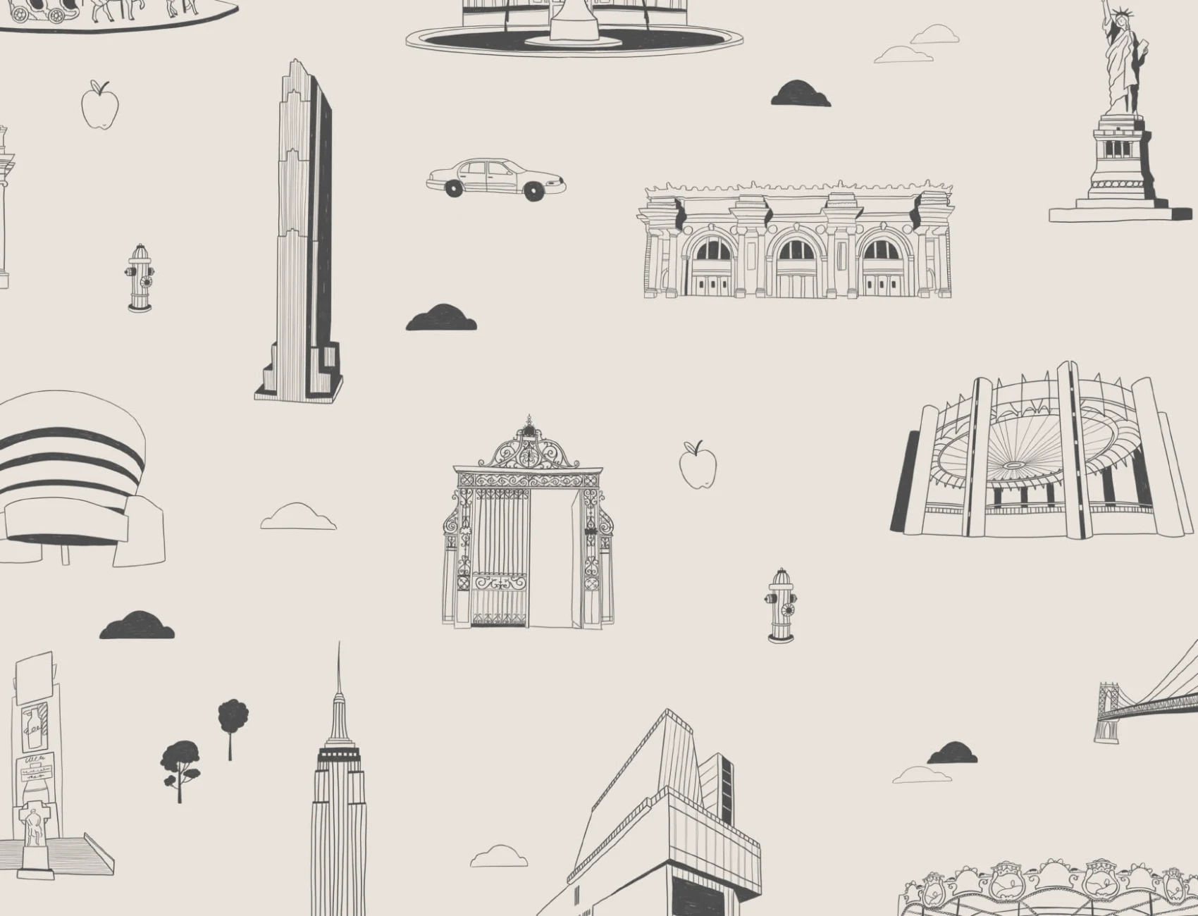 New York City Landmarks Grey and White Repeat Pattern Wallpaper