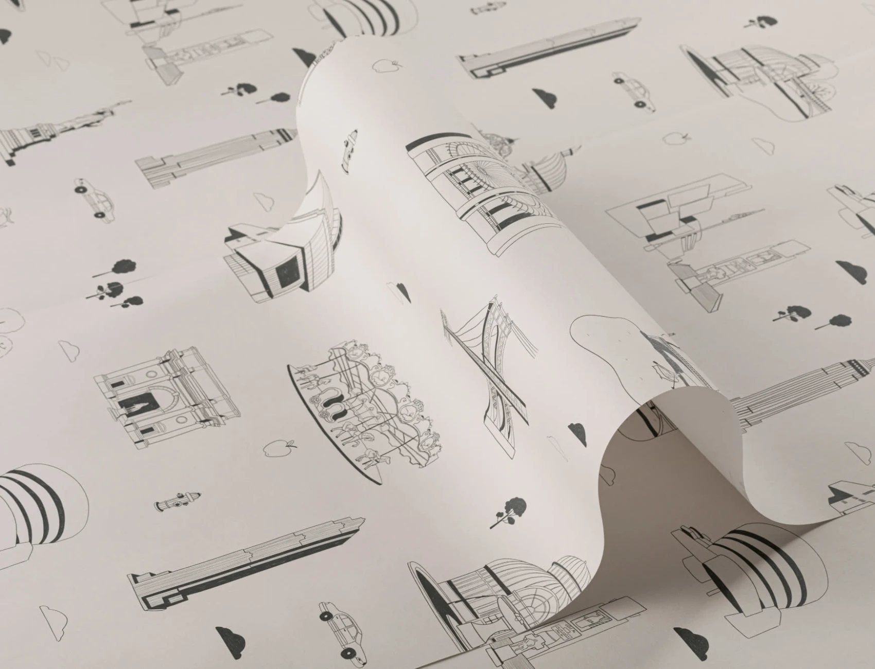 New York City Landmarks Grey and White Repeat Pattern Wallpaper