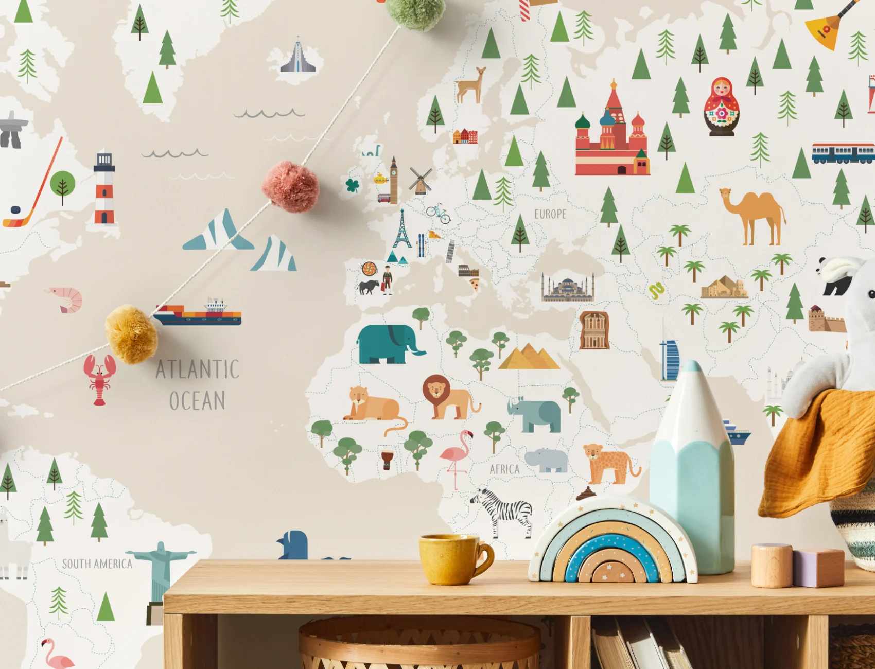 Mural de papel de parede encantador do mapa das crianças em creme