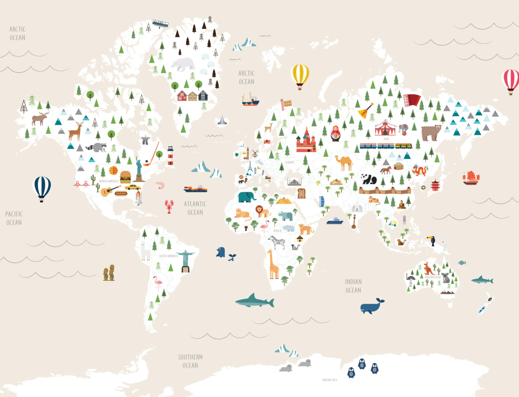 Mural de papel de parede encantador do mapa das crianças em creme