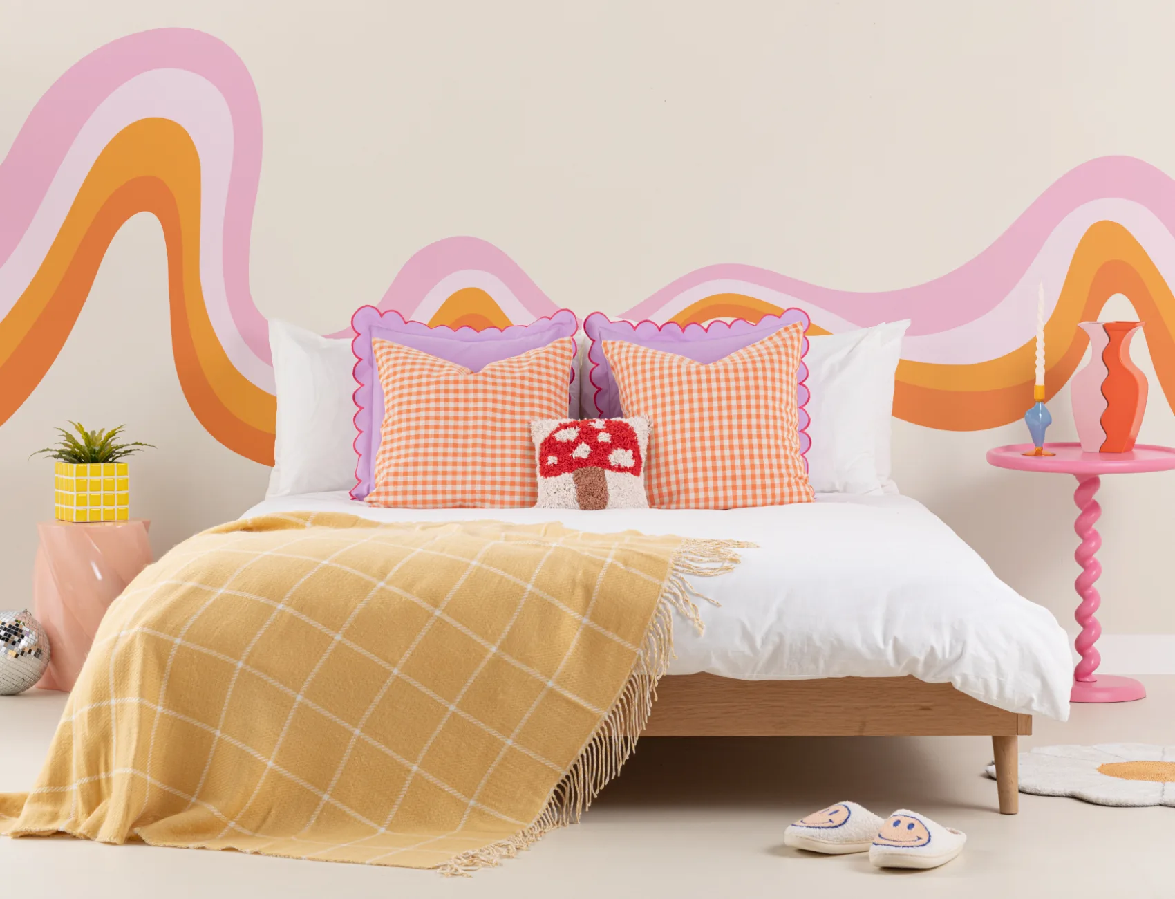 Mural de papel de parede retro dos anos 70 cor-de-rosa e laranja