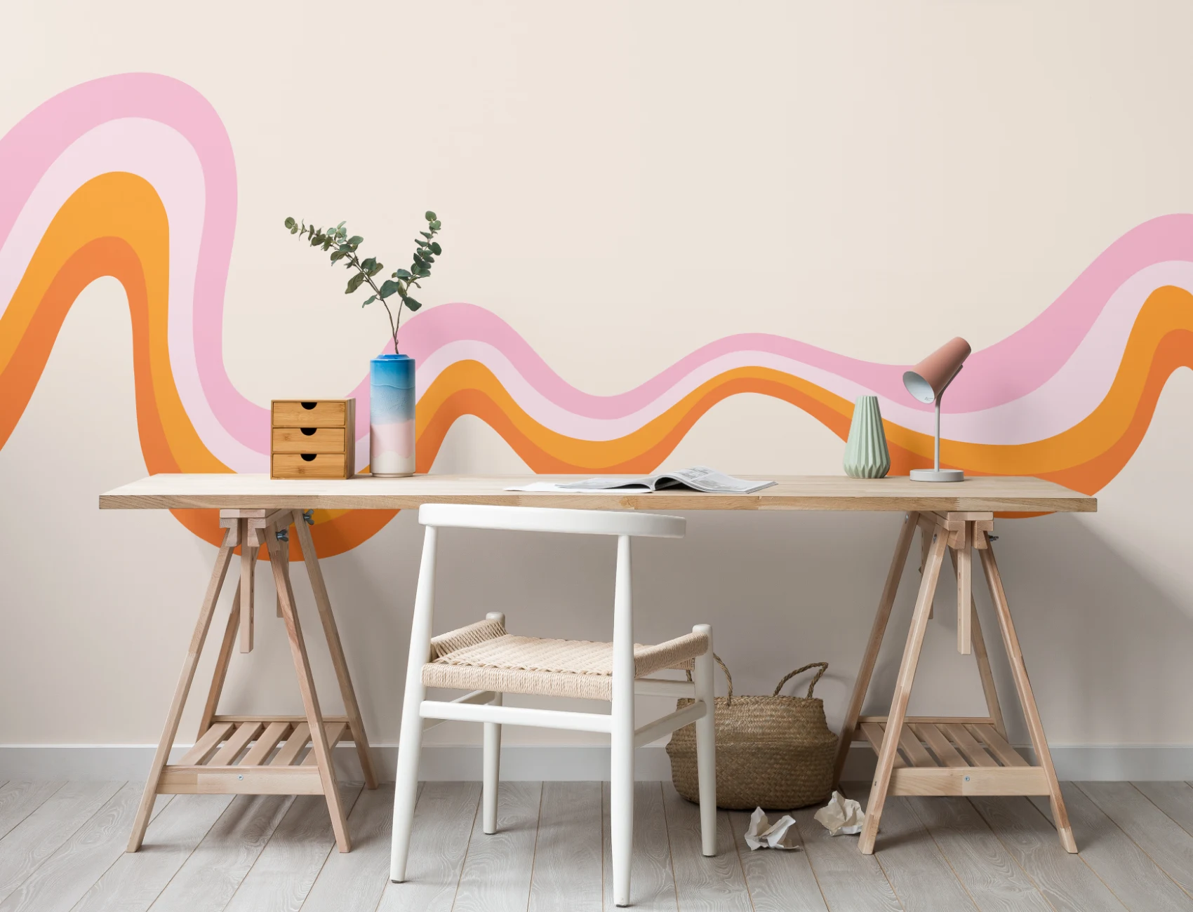 Mural de papel de parede retro dos anos 70 cor-de-rosa e laranja