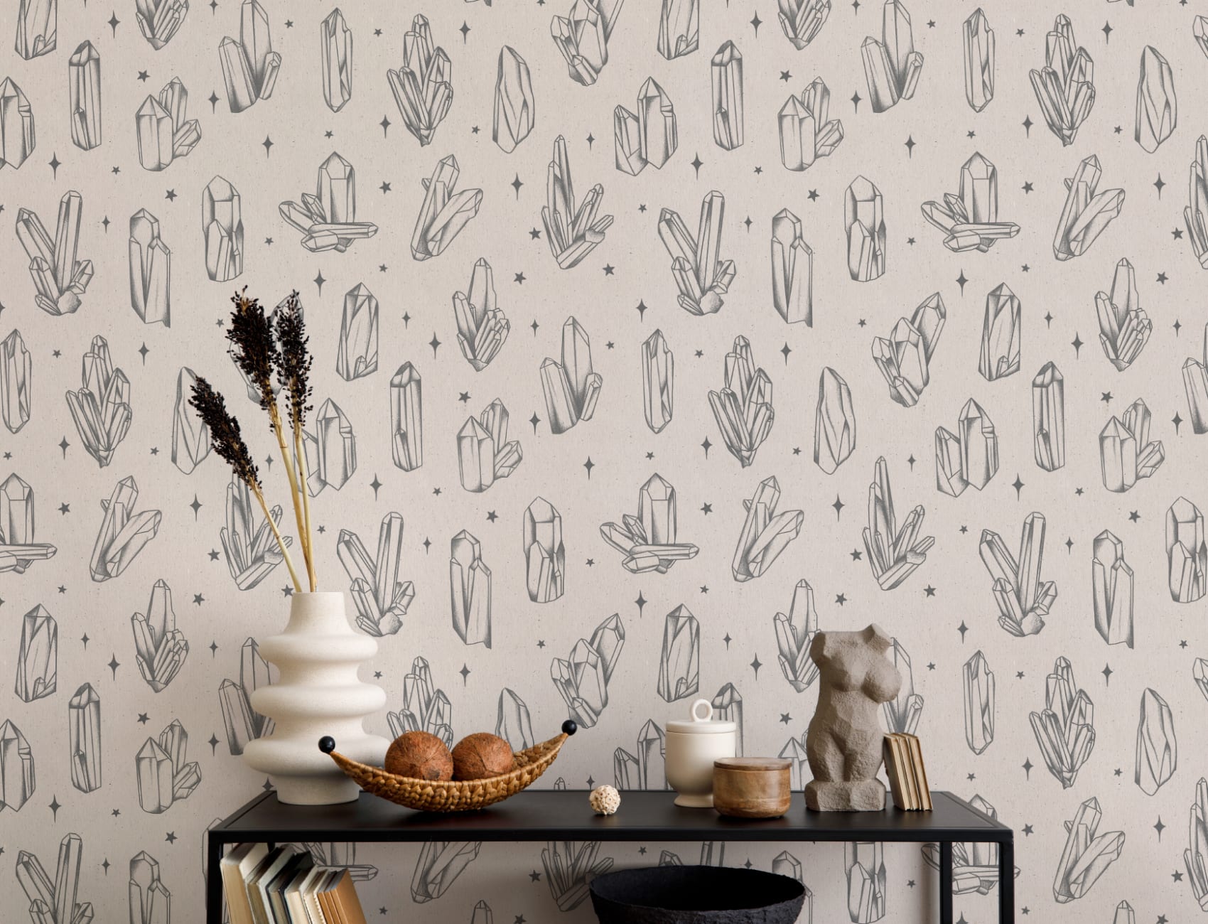 Black Illustrated Crystal & Star Pattern Wallpaper Mural