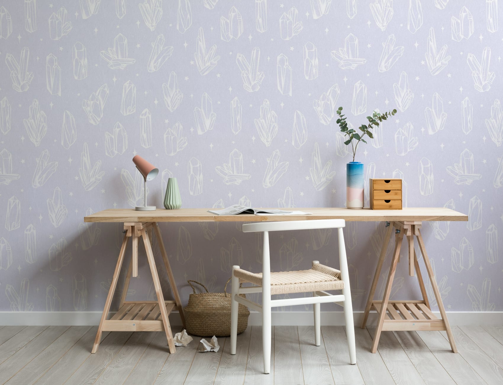 Pastel Purple Illustrated Crystal & Star Pattern Wallpaper Mural