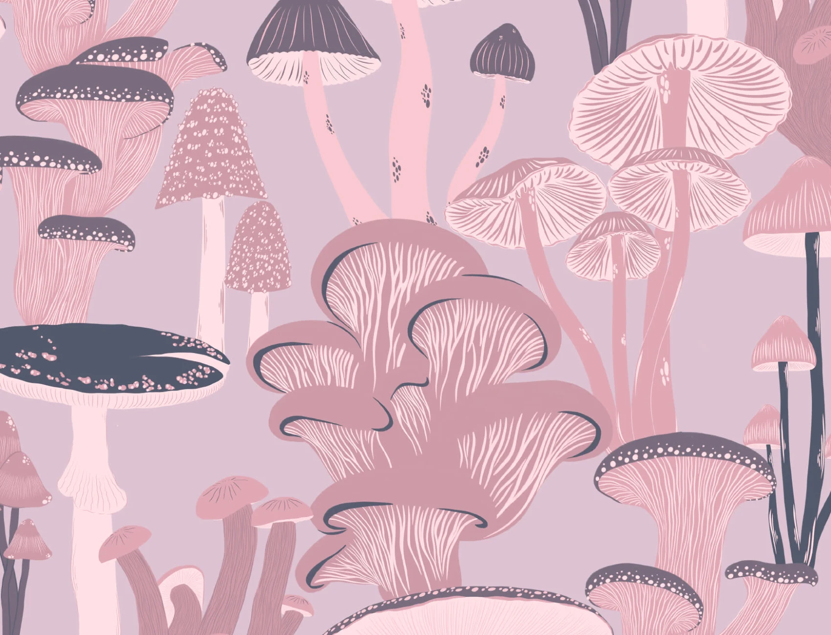 Pink Hand Drawn Mushrooms on Purple Wallpaper