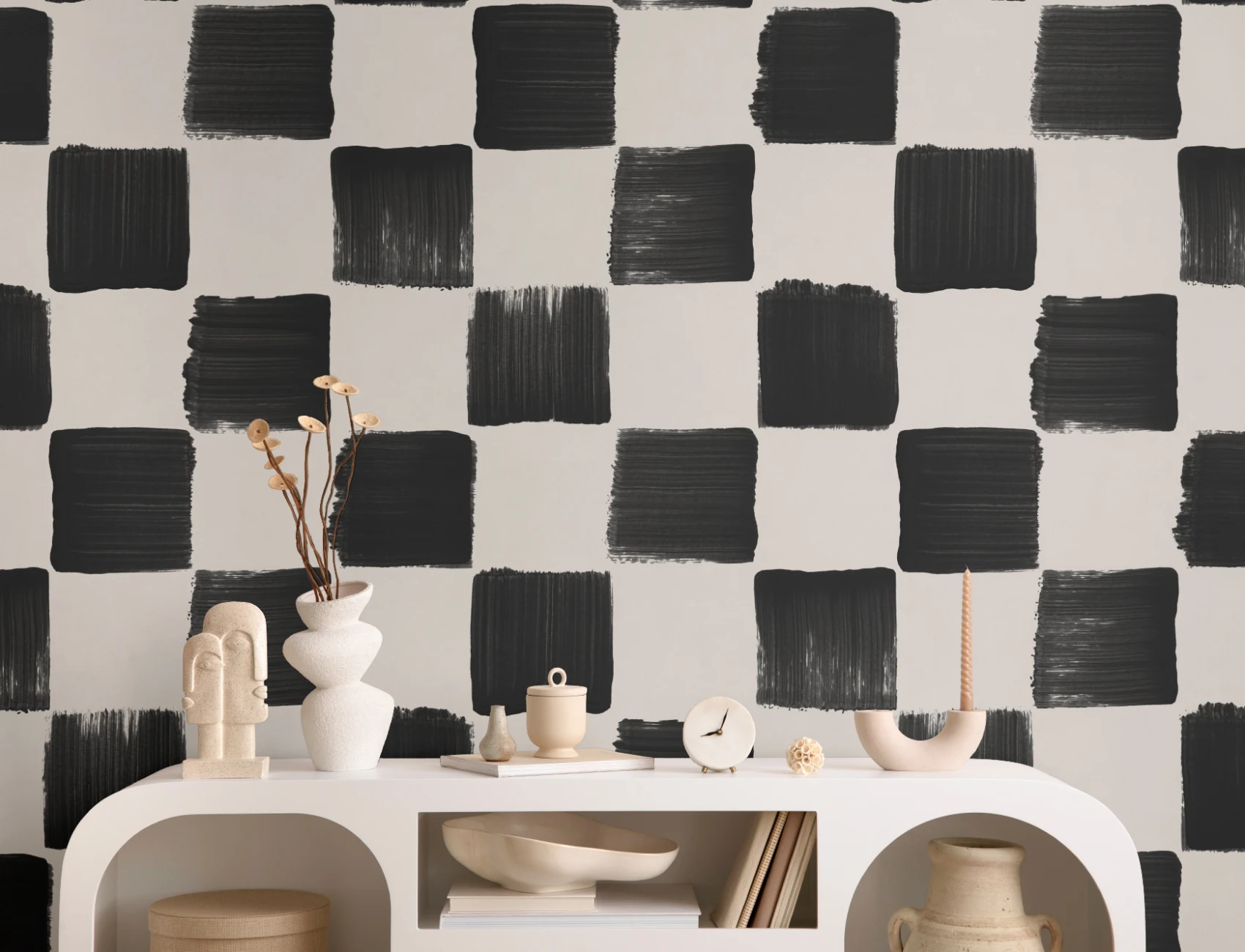 Black Beige Checkered Geometric Pattern Wallpaper