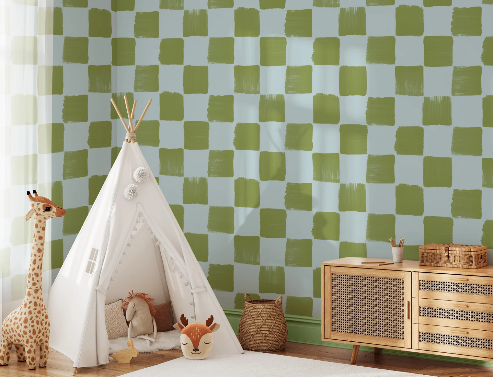 Bold Blue And Green Checkered Pattern Wallpaper