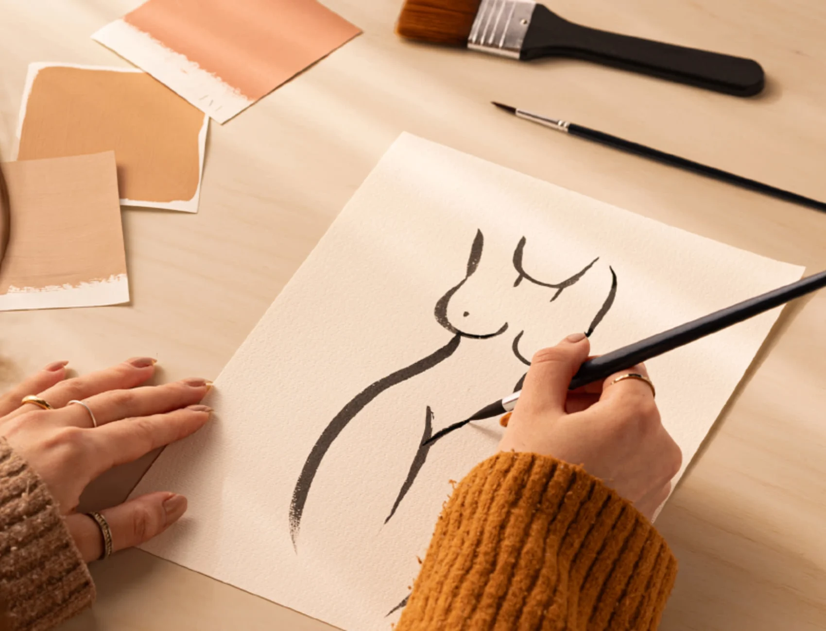 Cream Nude Woman Figure Drawing Wall Mural
