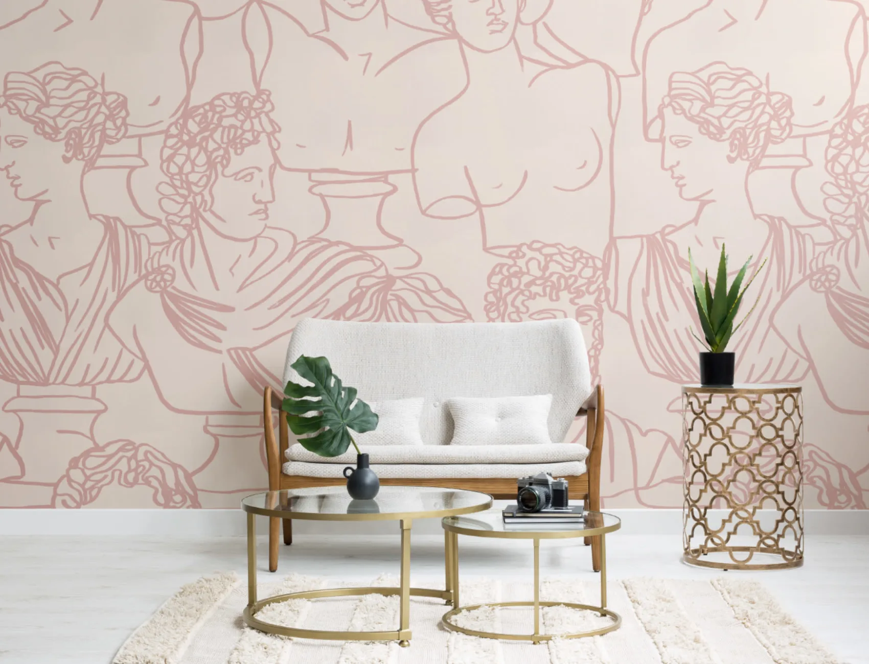 Dusty Pink Line Drawing Greek God Statue Pattern Wallpaper Mural