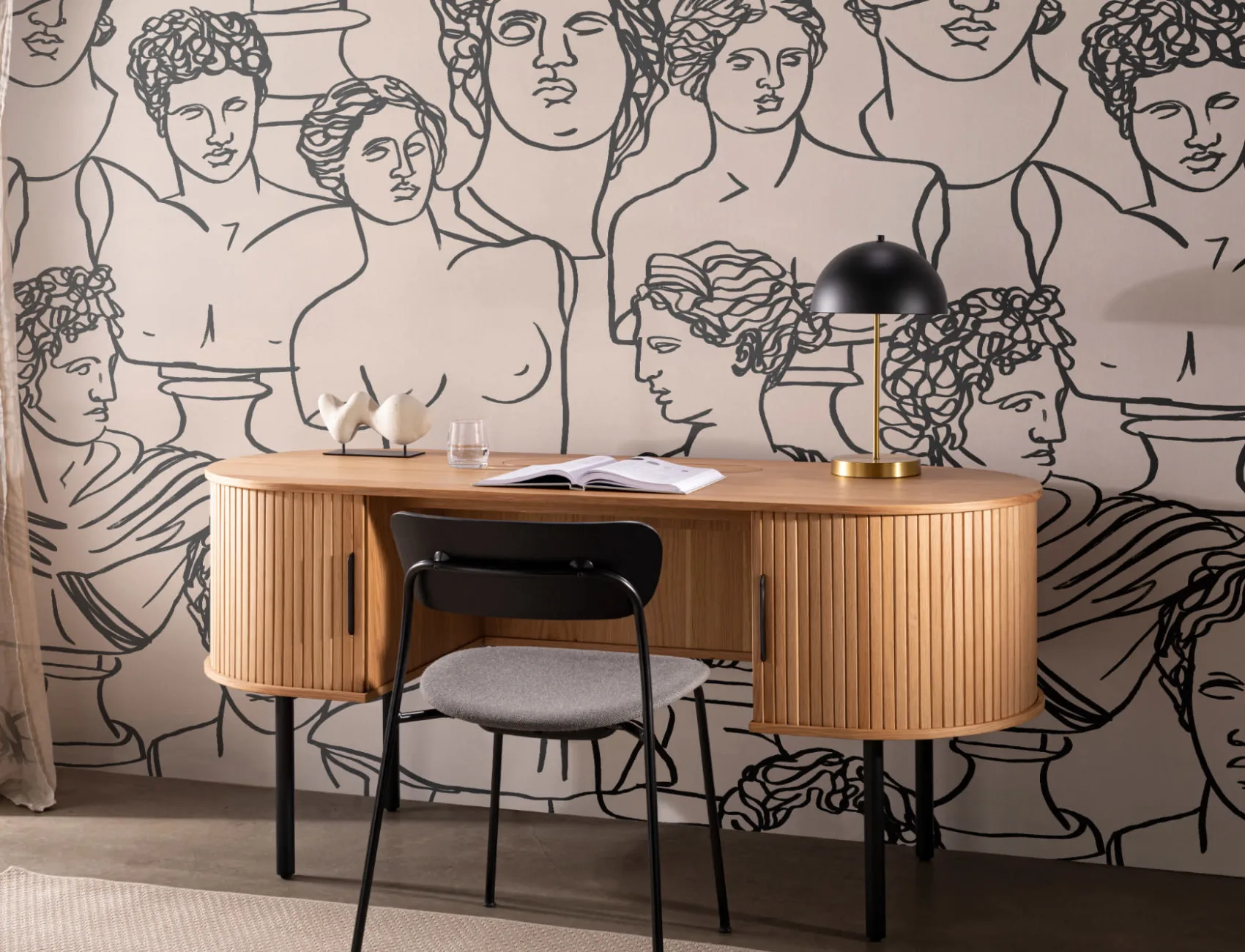 Linie neagră Desen grecesc Dumnezeu Statuie model Wallpaper Mural