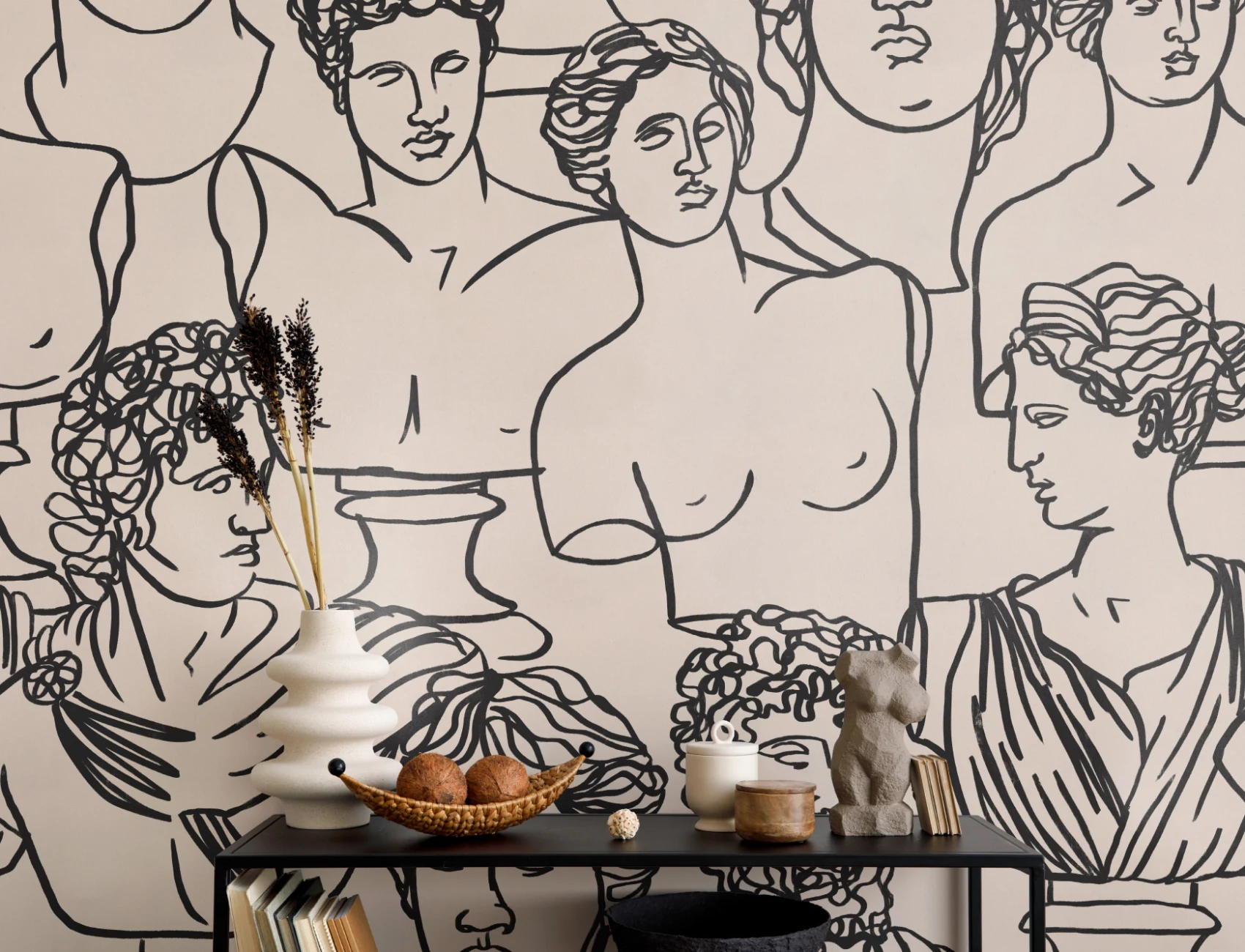 Linie neagră Desen grecesc Dumnezeu Statuie model Wallpaper Mural