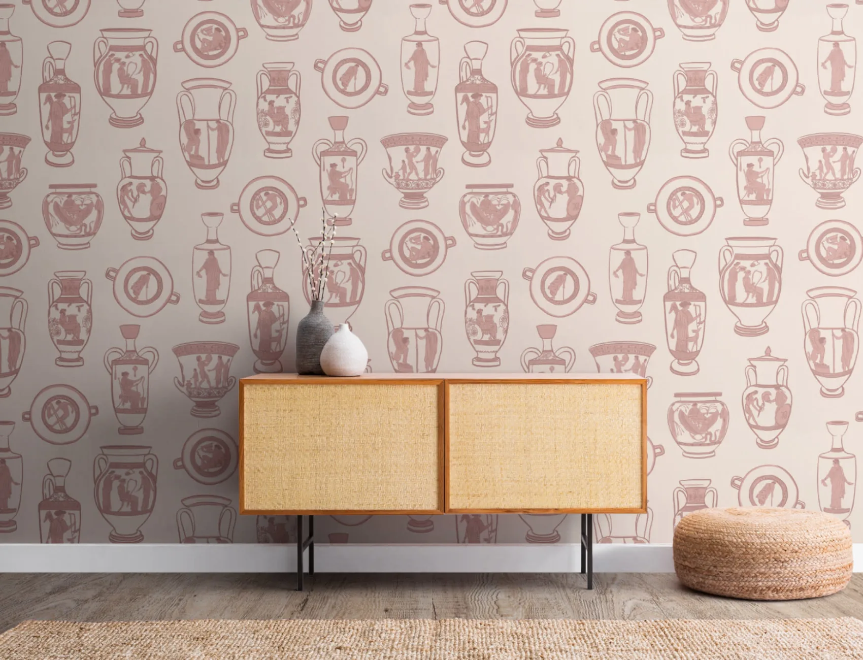 Dusty Pink Ancient Greek Pottery Pattern Wallpaper Mural