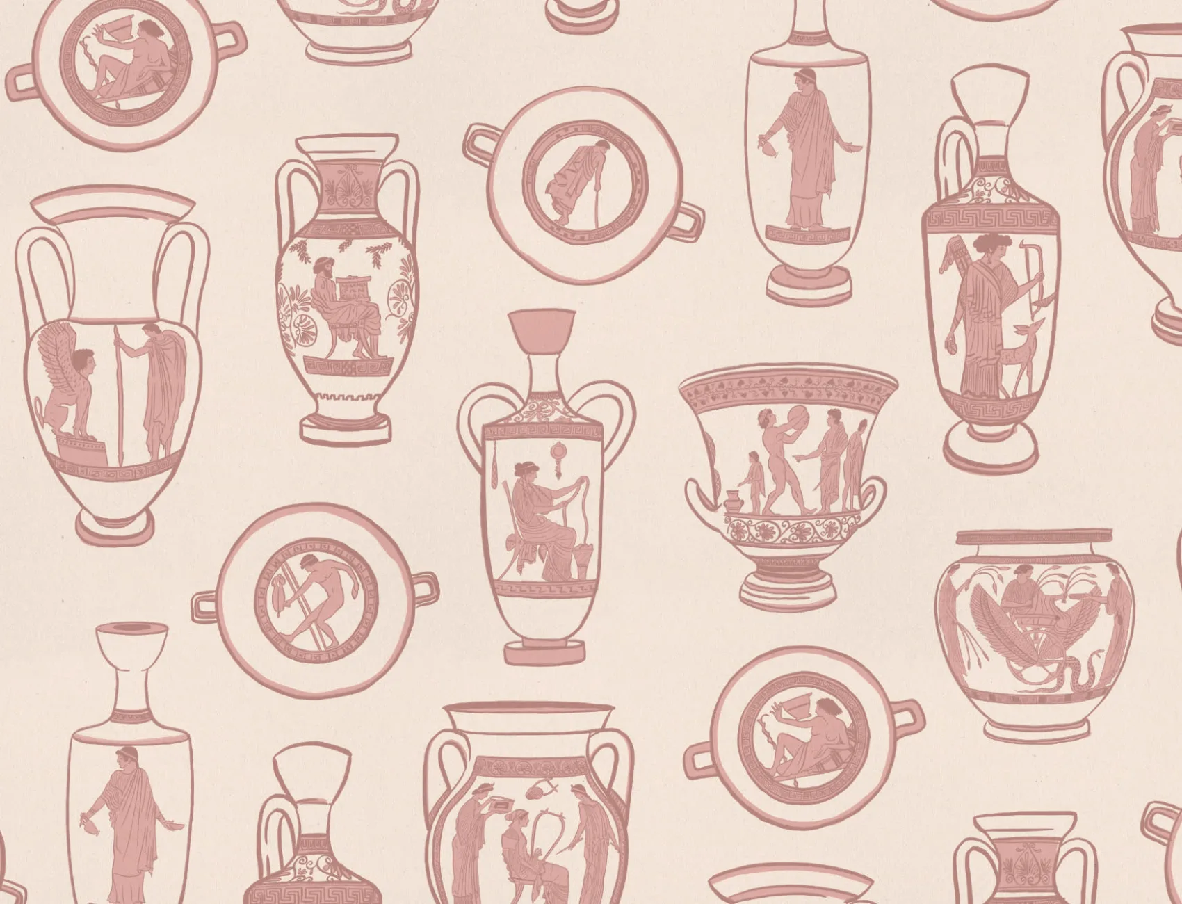 Dusty Pink Ancient Greek Pottery Pattern Wallpaper Mural