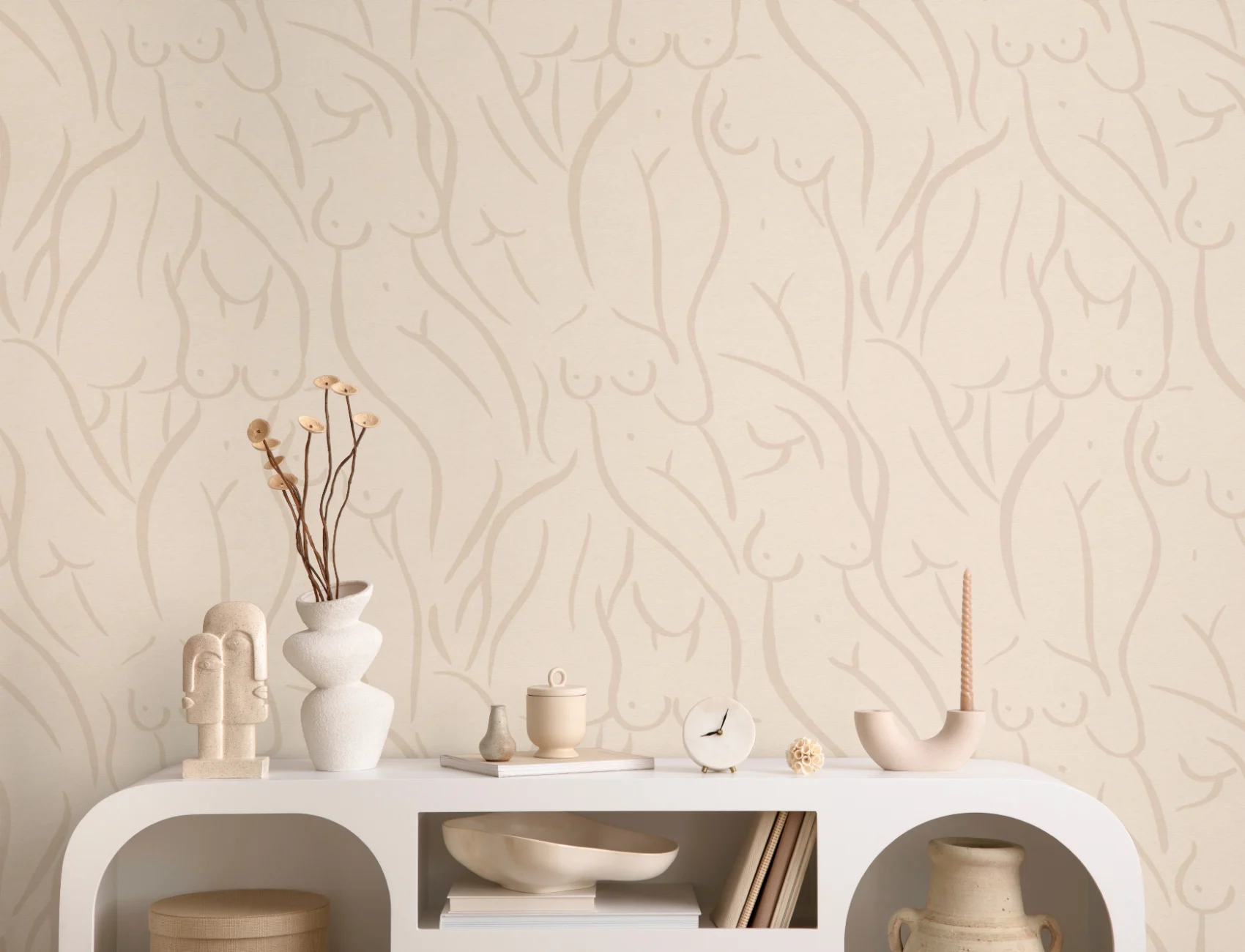 Beige Nude Woman Figure Drawing Repeat Pattern Wallpaper