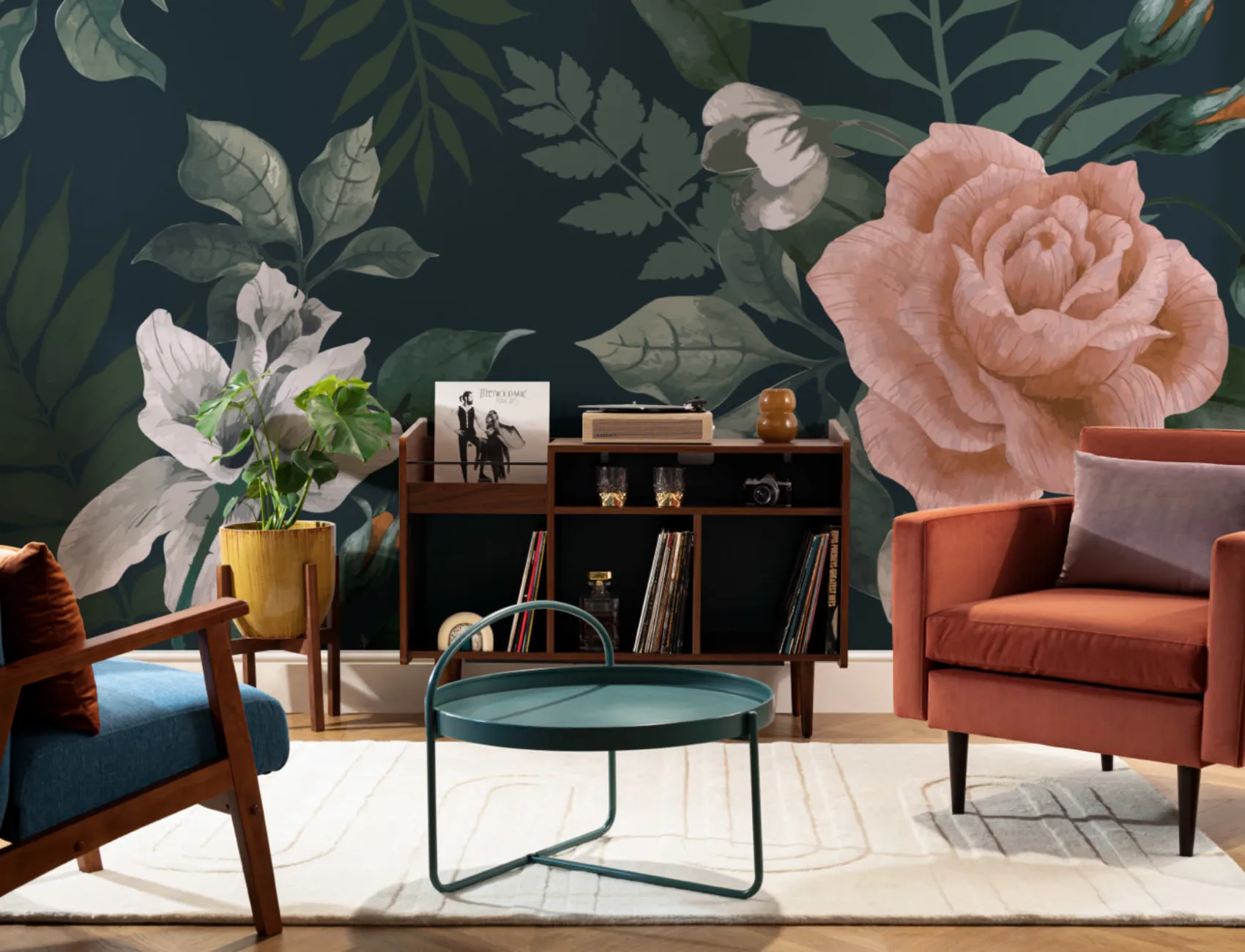 Mural de papel de parede floral verde escuro e cor-de-rosa