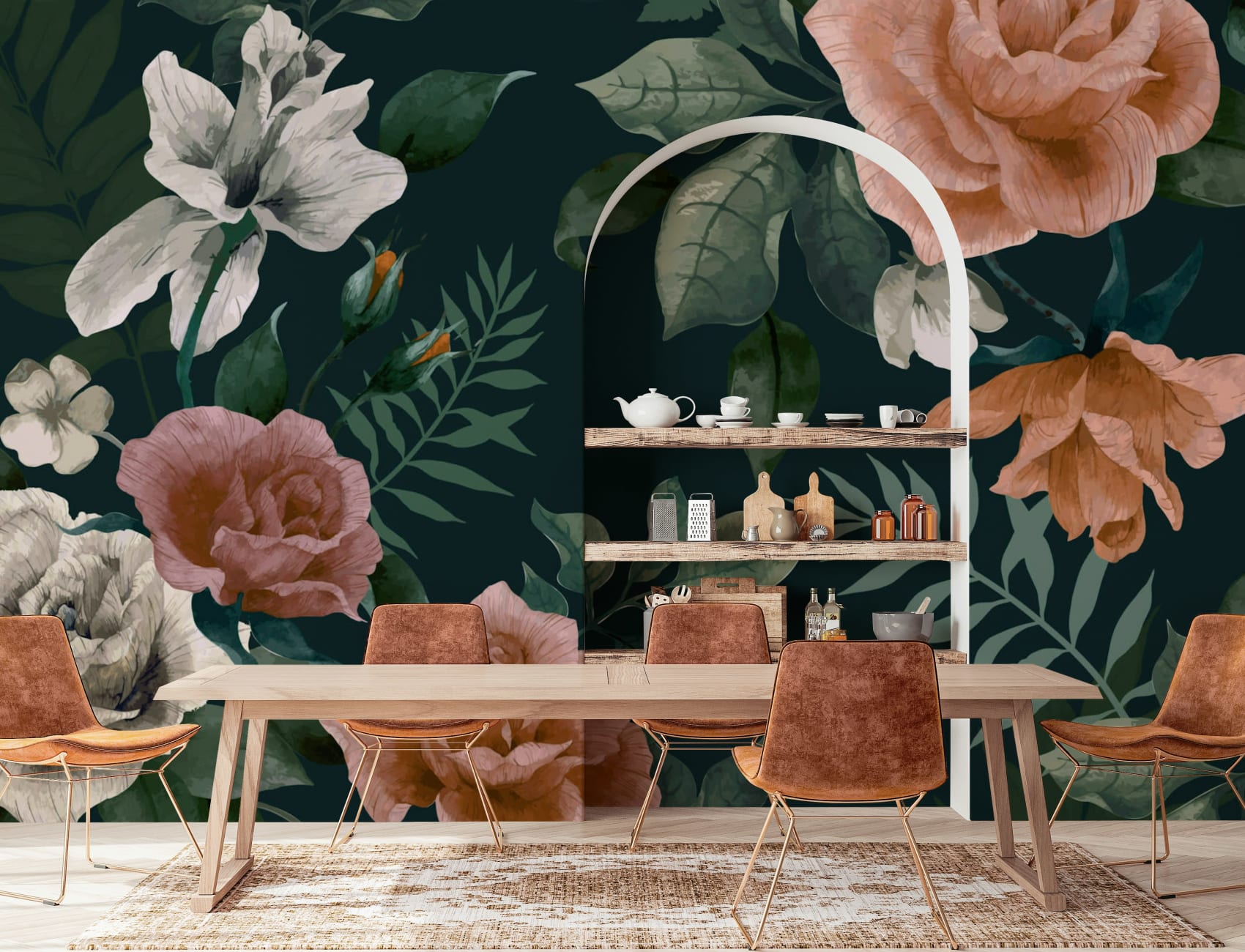 Mural de papel de parede floral verde escuro e cor-de-rosa