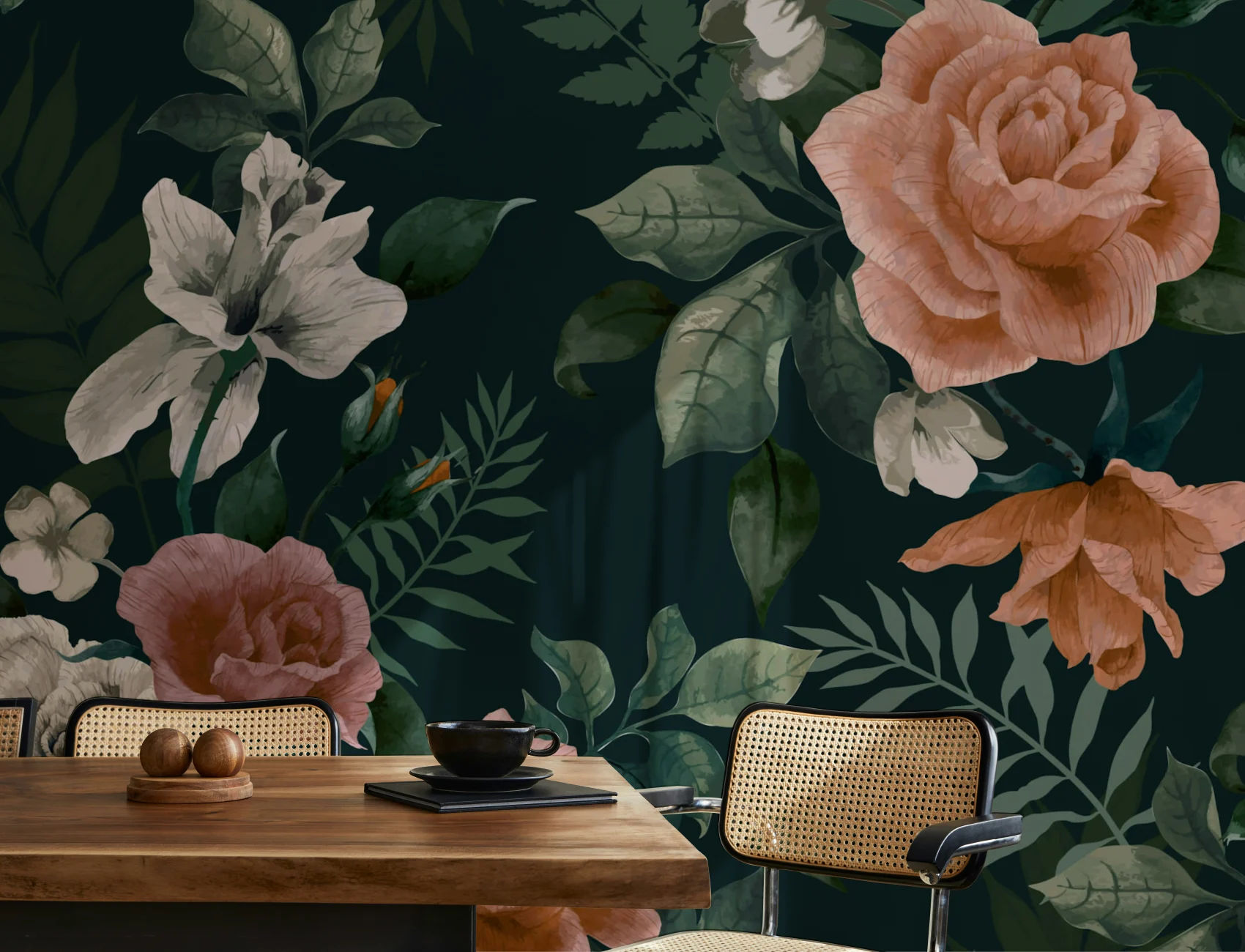 Mural de papel de parede floral verde escuro e cor-de-rosa