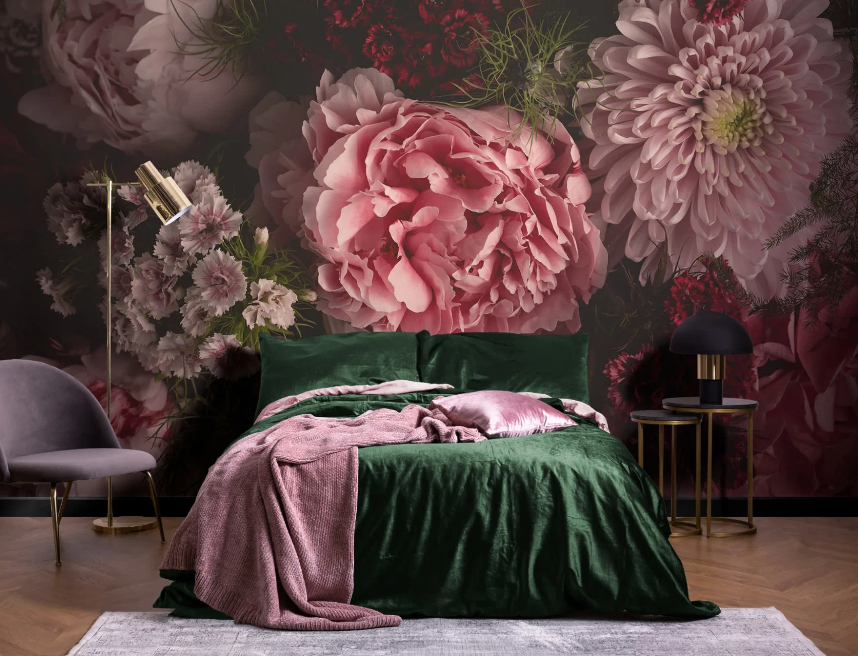 Roze Fotografisch Oversized Donker Stemmig Bloemen Behang Muurschildering