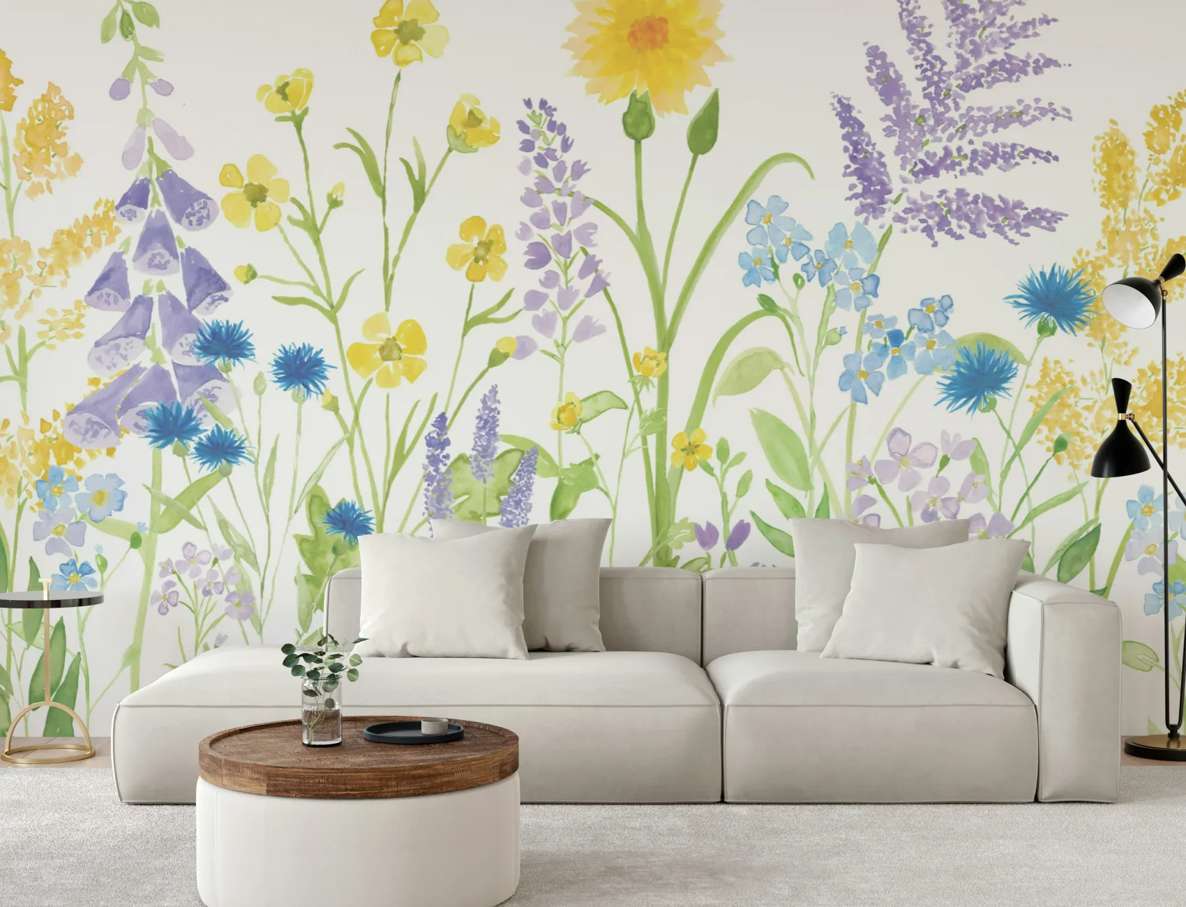 Bright Lilac & Green Watercolor Wildflower Wallpaper Mural