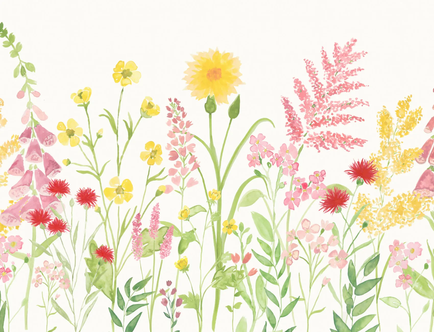 Roz luminos și verde acuarelă Wildflower Wallpaper Mural