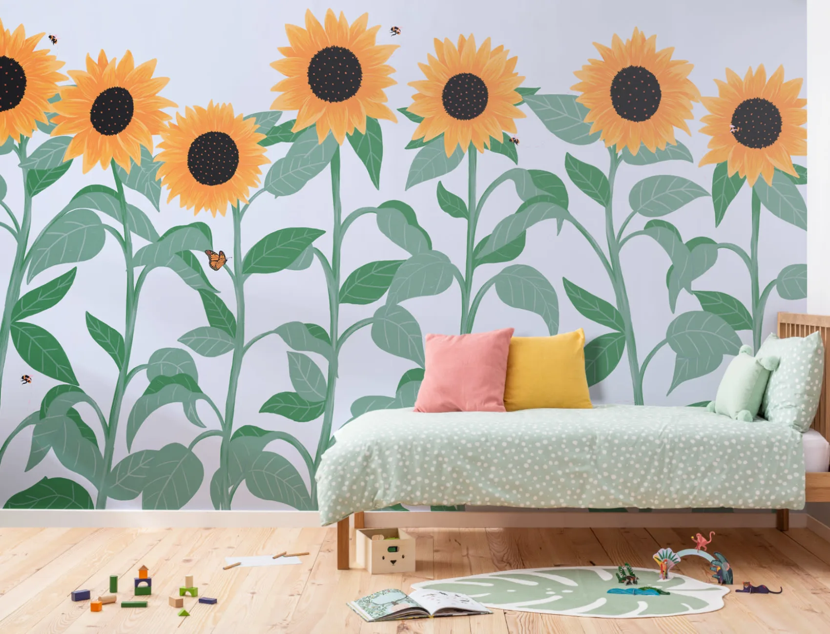 Papier Peint Panoramique Illustré aux Tournesols et Papillons