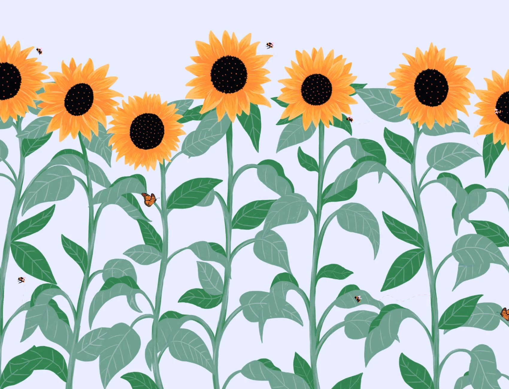 Papier Peint Panoramique Illustré aux Tournesols et Papillons