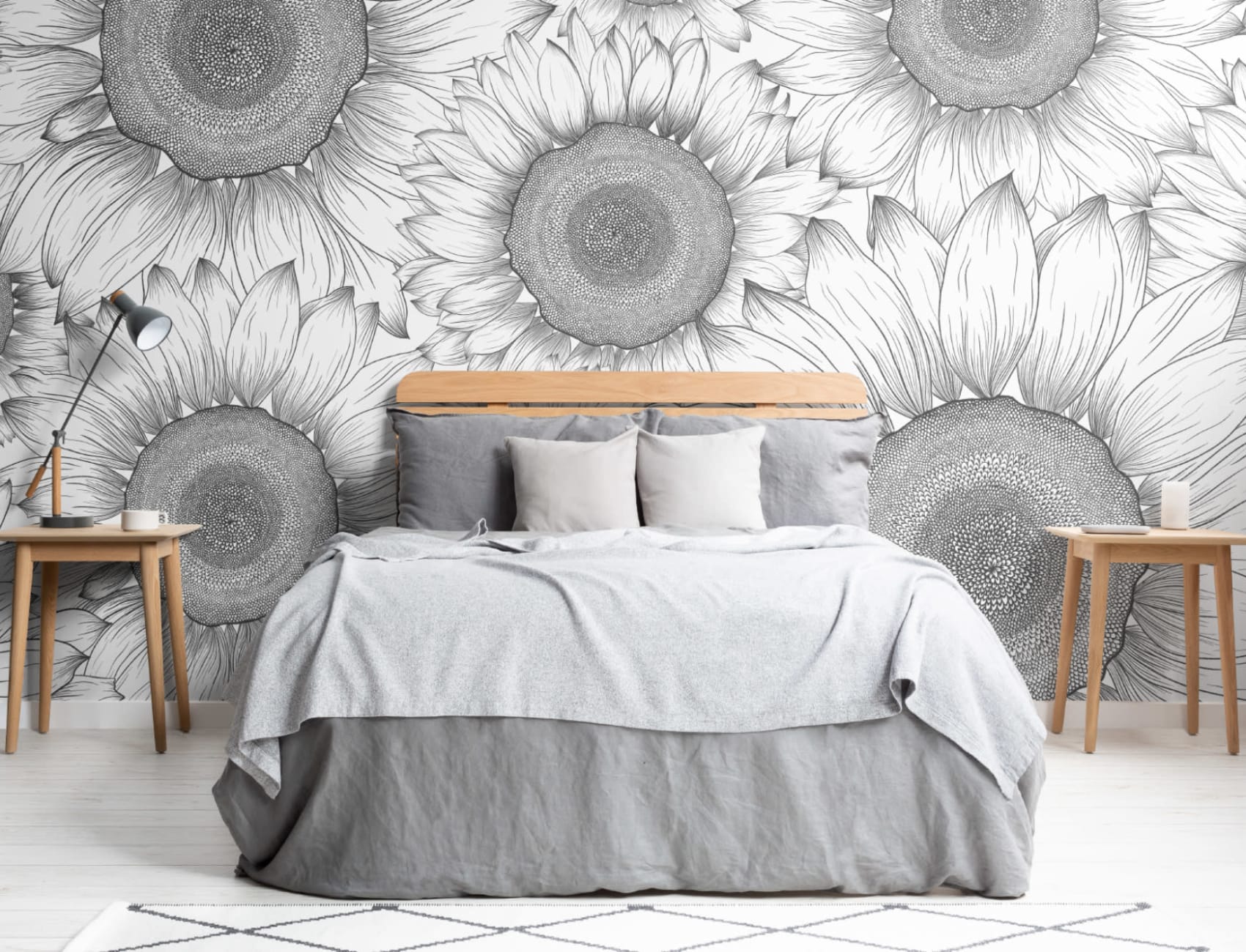 Black & White Illustrated Sunflower Floral Wallpaper Mural