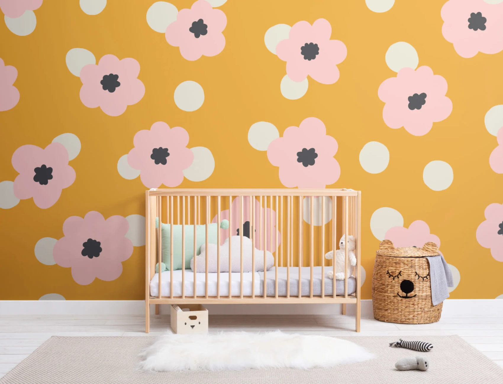 Gul Polka Dot Retro Daisy Floral fototapet