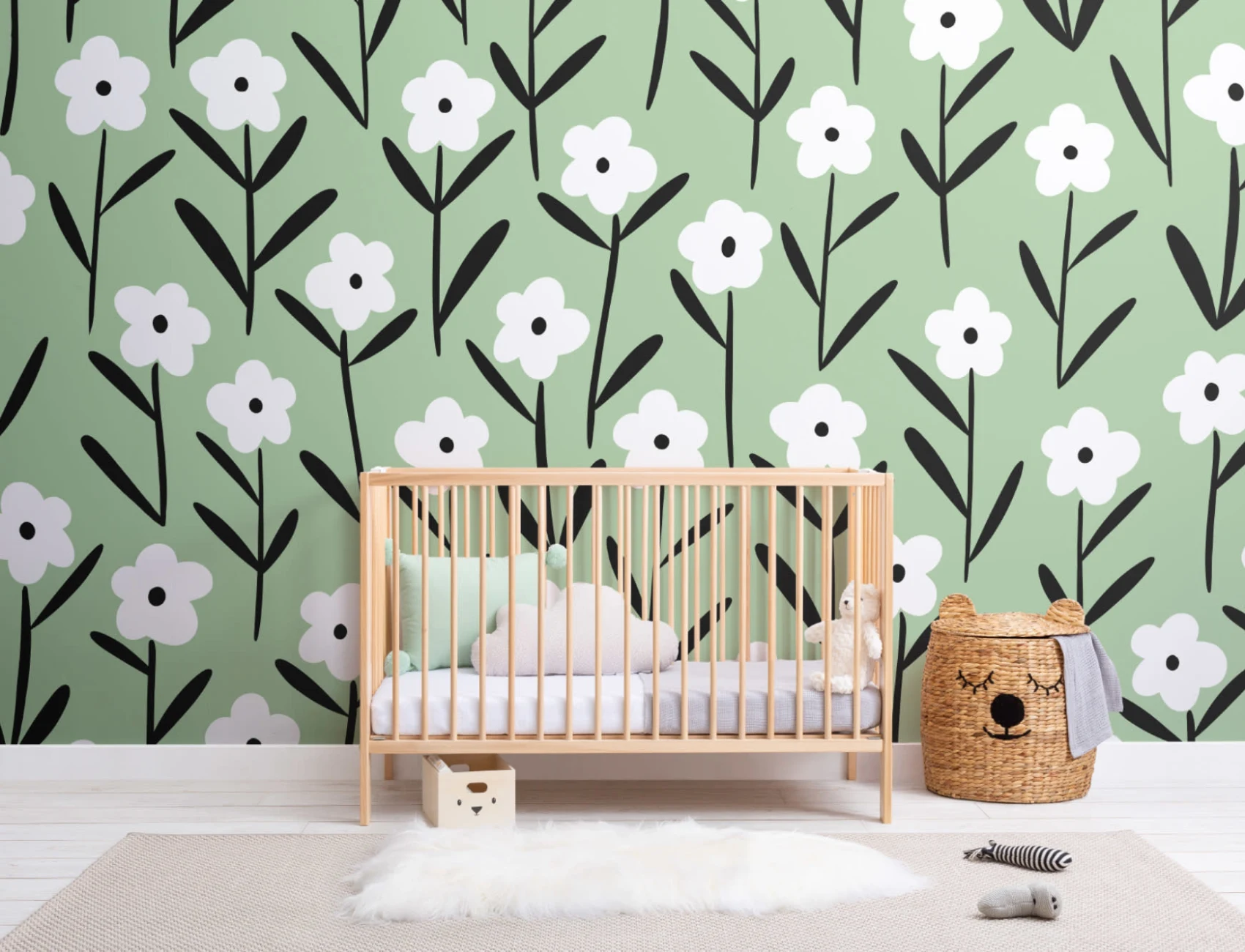 White & Green Retro Floral Wallpaper Mural