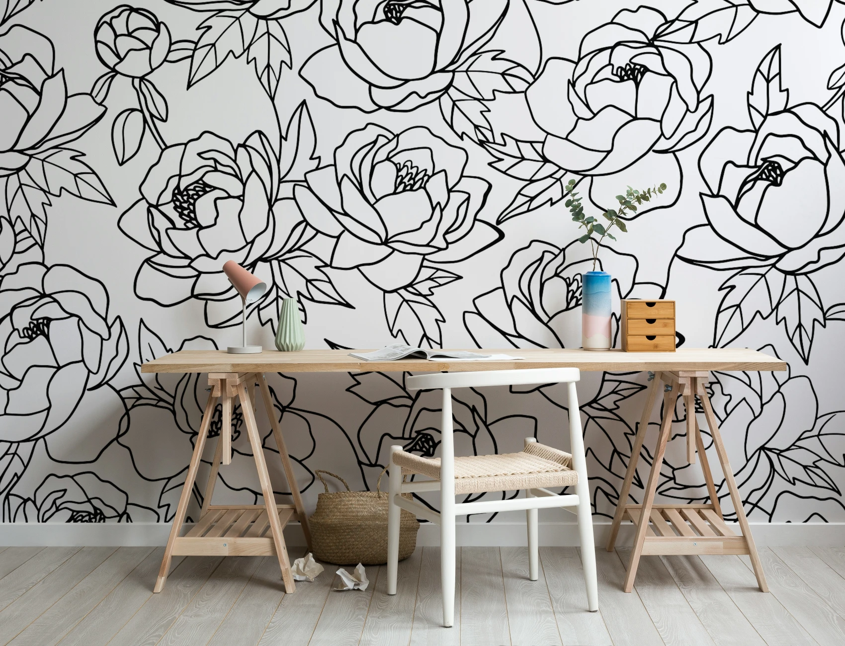 Linie alb-negru desen Floral model tapet Mural