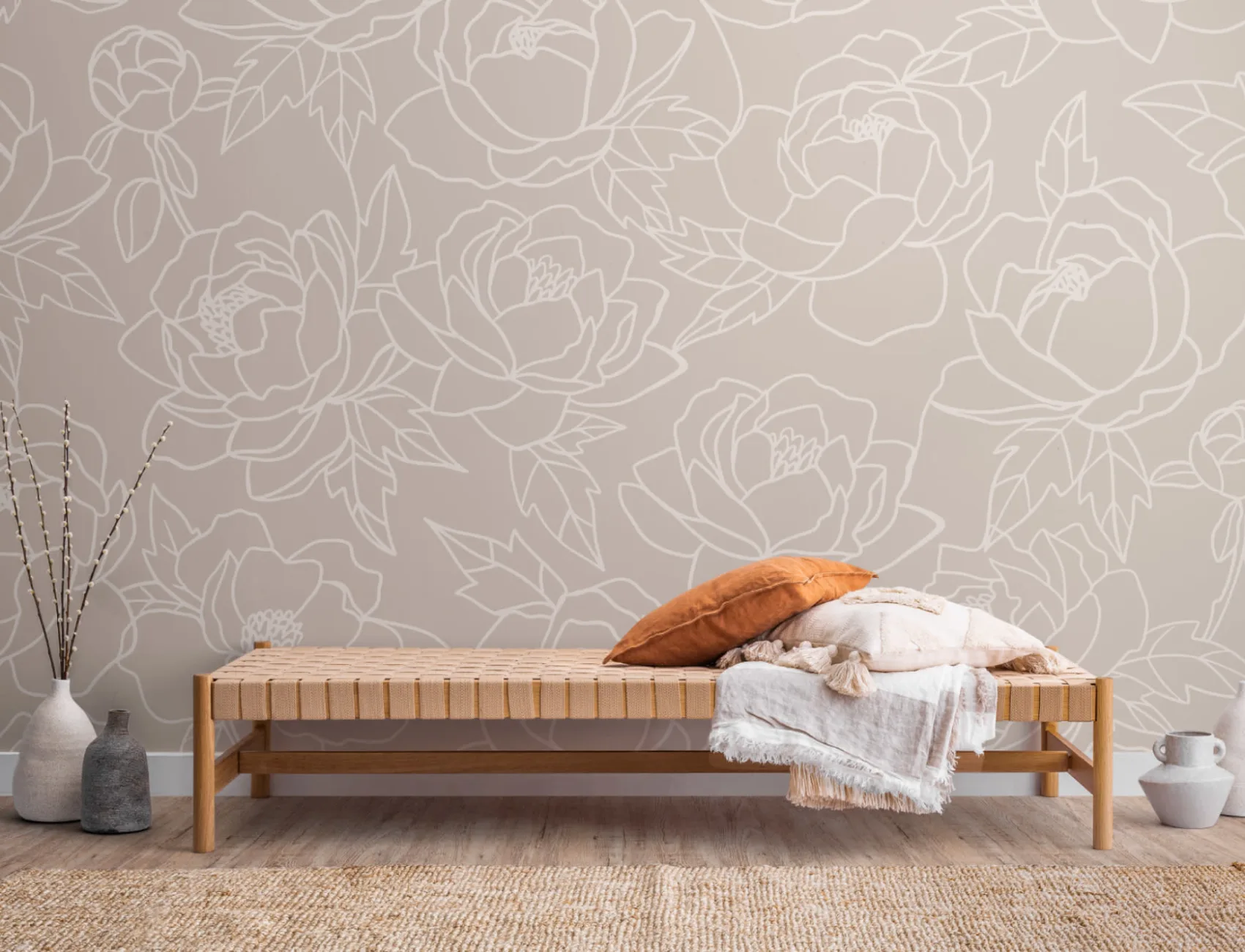 Neutral Line Drawing Floral Pattern Wallpaper Mural