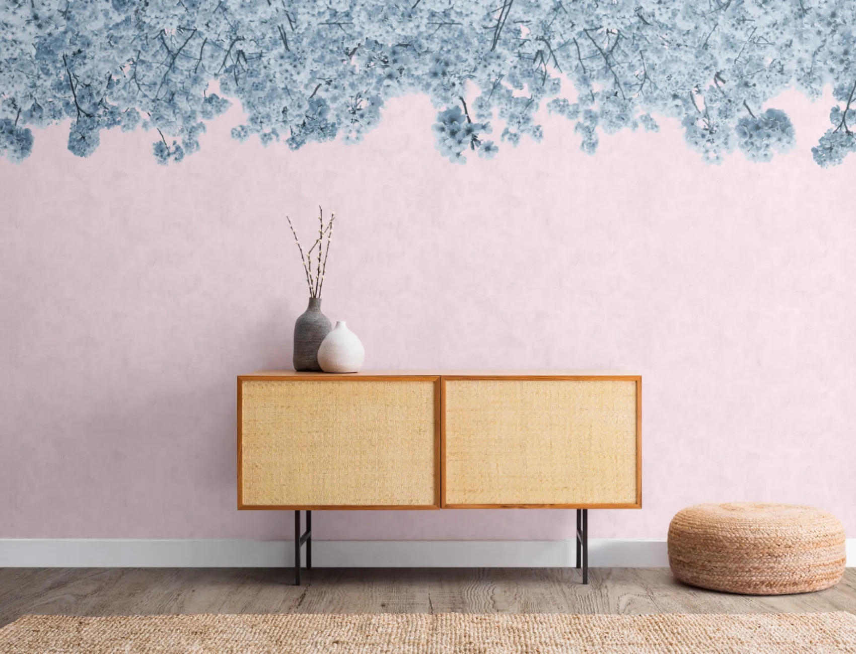 Blue & Pink Sakura Cherry Blossom Tree Wallpaper Mural
