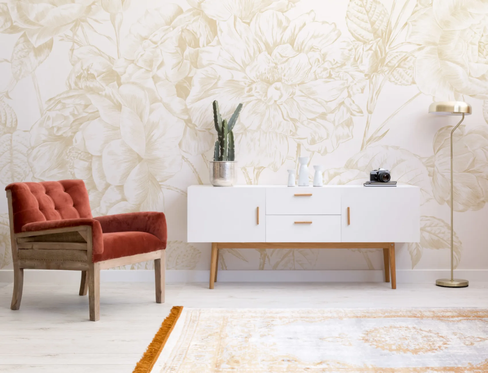 Yellow Large Illustrated Roses Wallpaper Mural