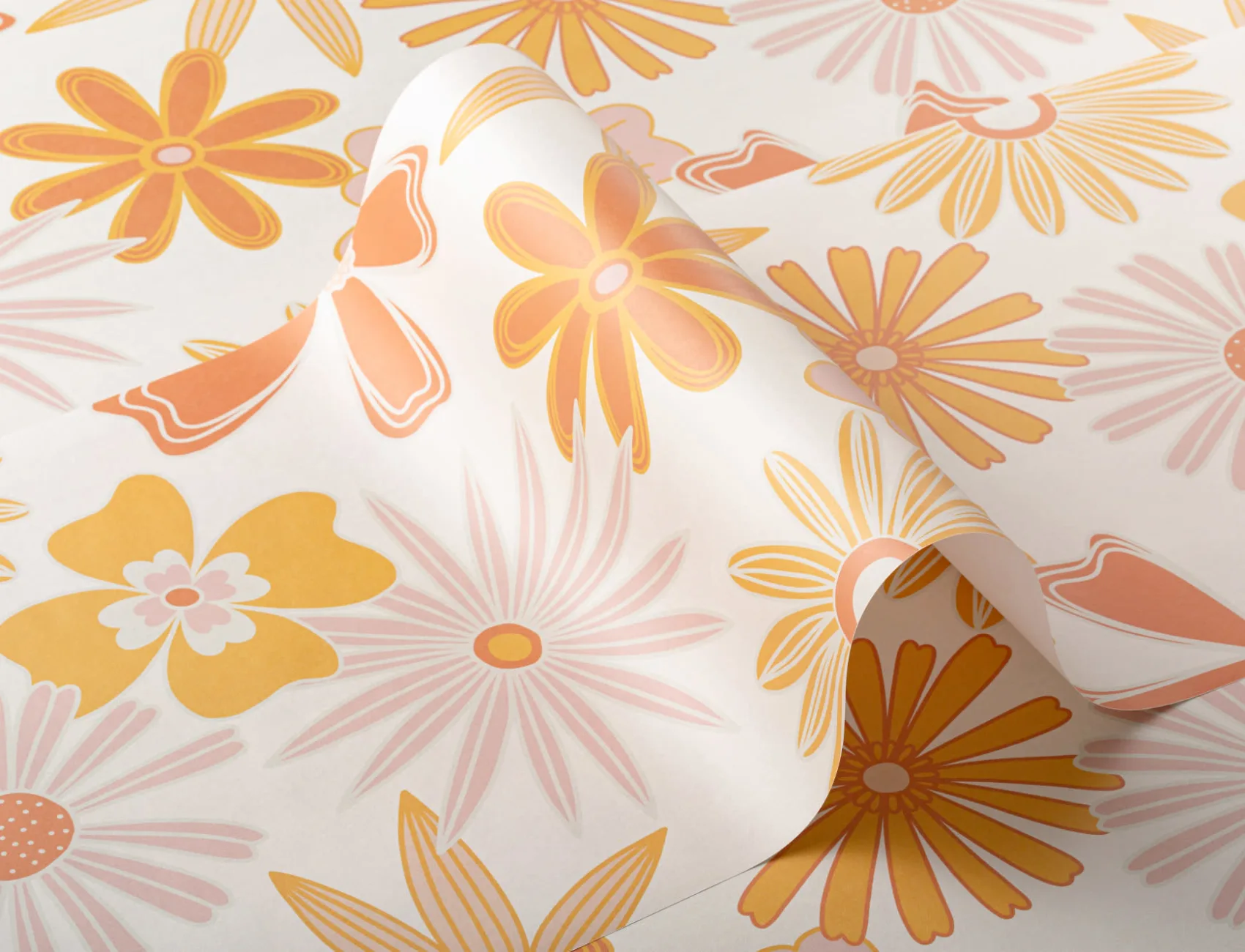 Papel Pintado Estilo Retro Naranja con Motivo Floral de los Años 70