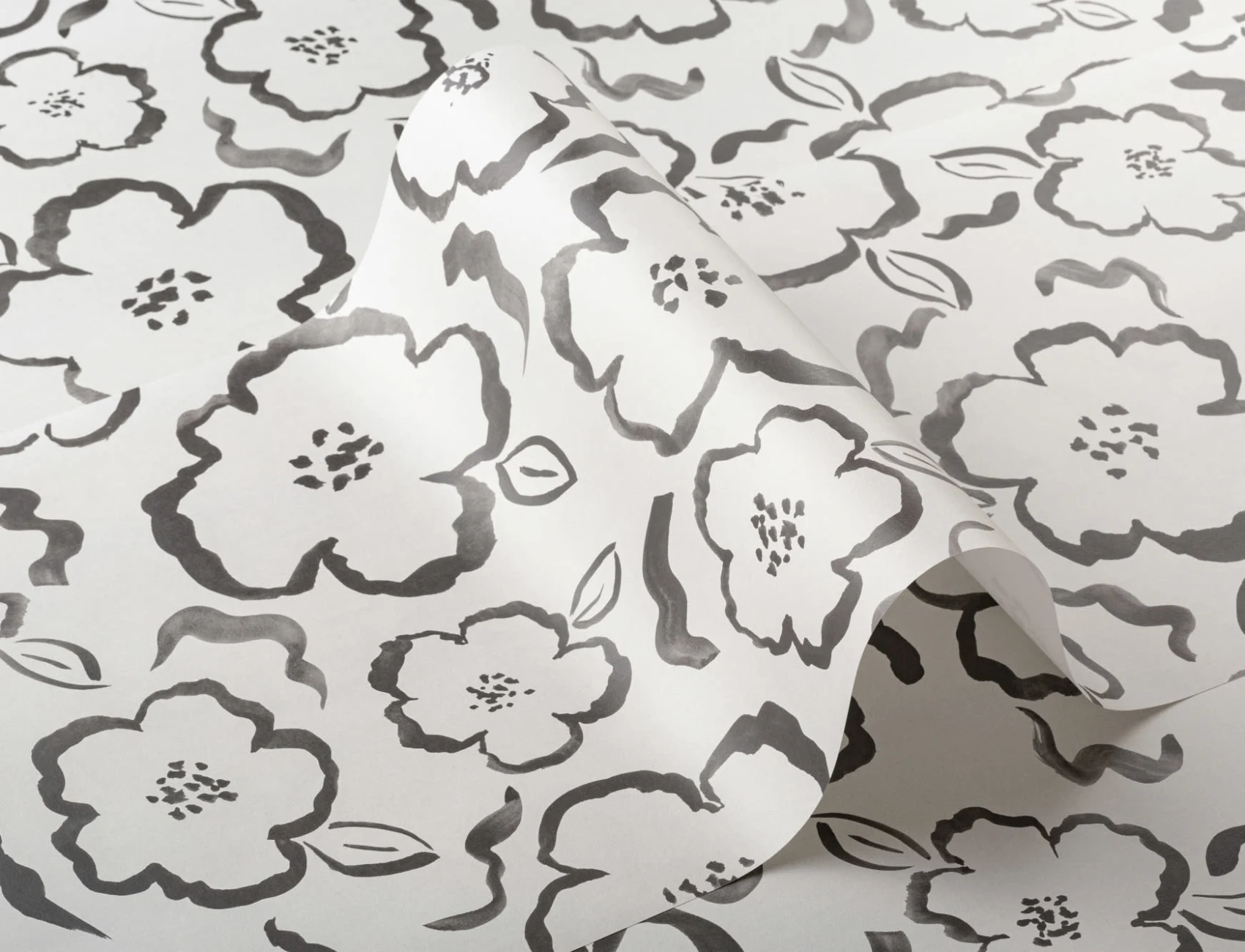 Papel de parede com padrão de repetição floral abstrato de pintura a preto e branco