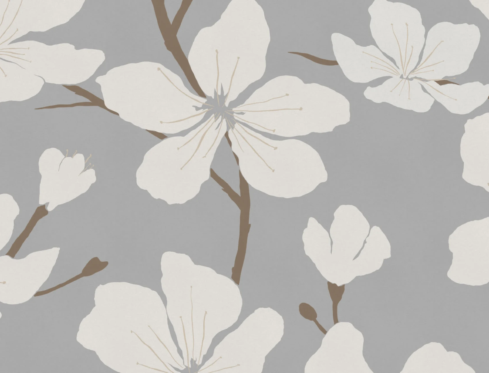 Gray and White Illustrated Blossom Repeat Pattern Wallpaper