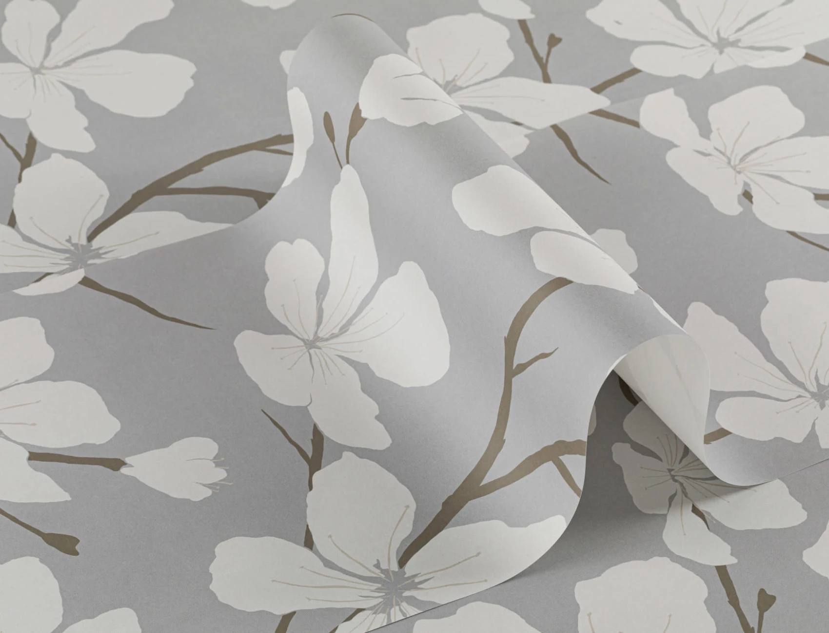 Gray and White Illustrated Blossom Repeat Pattern Wallpaper