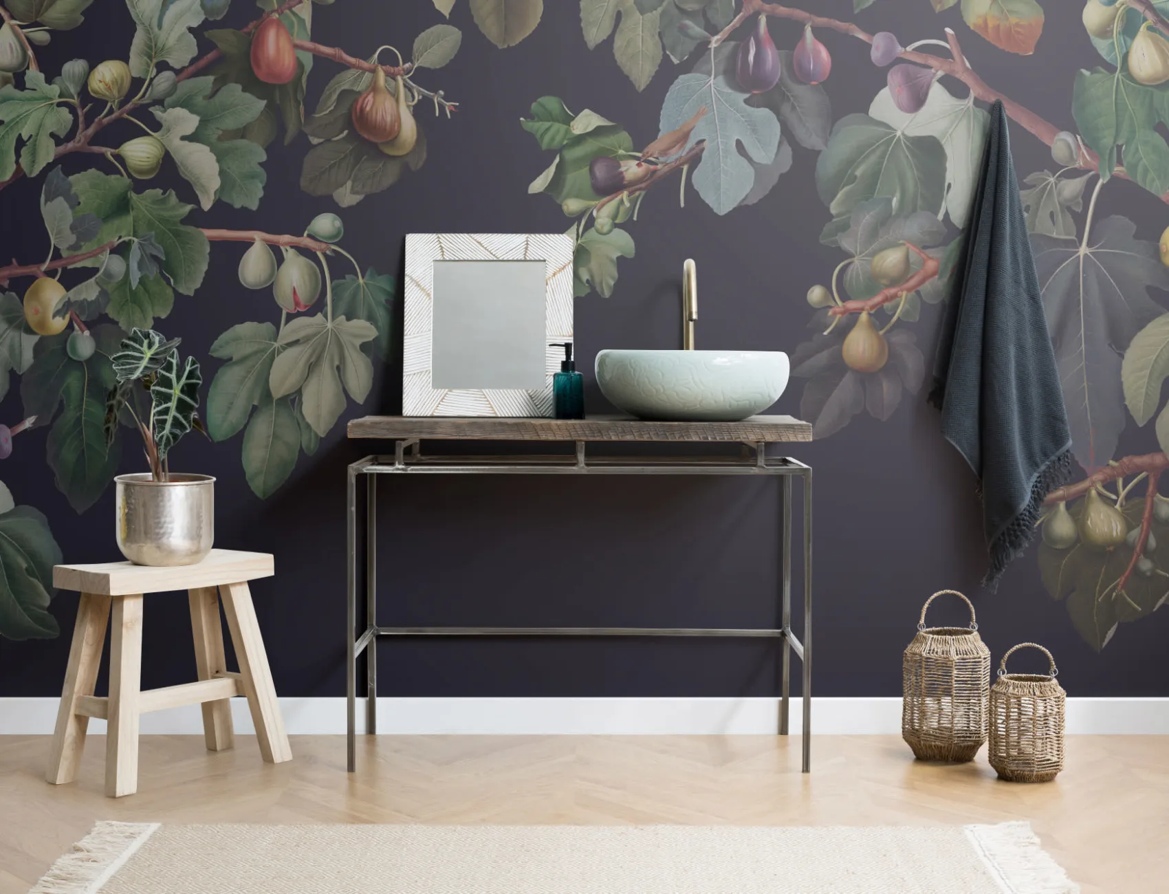 Vintage Dark Botanical Fig Tree Wallpaper Mural