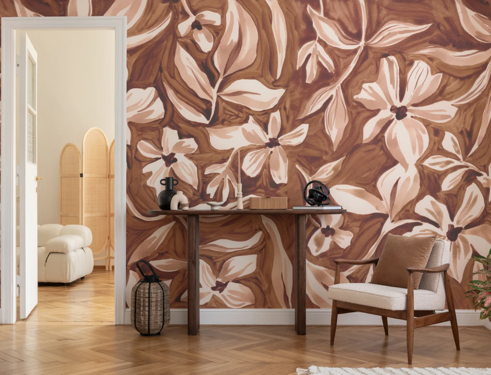 Mural com padrão botânico floral castanho elegante