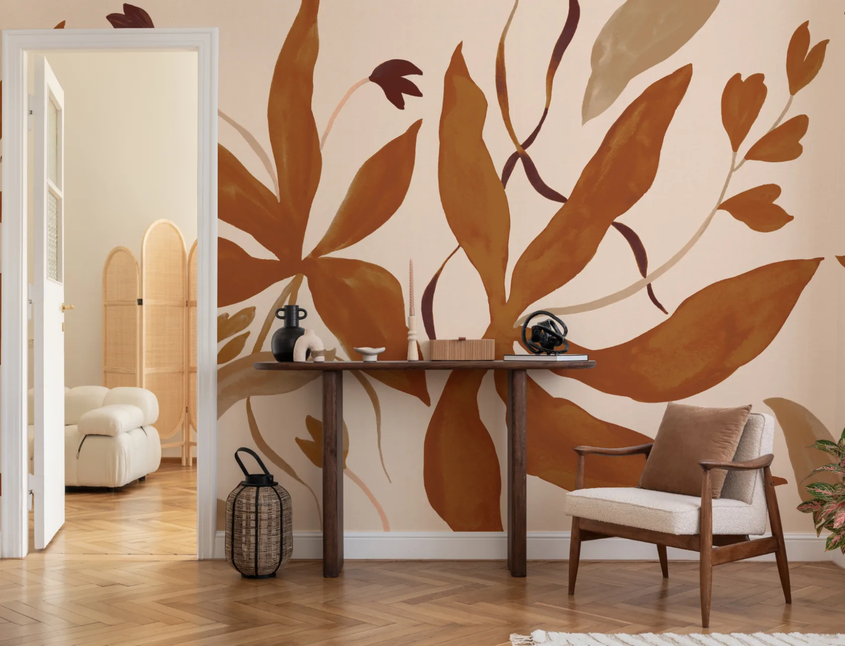 Carta da parati Art Deco botanica arancione per un tocco chic e rilassato