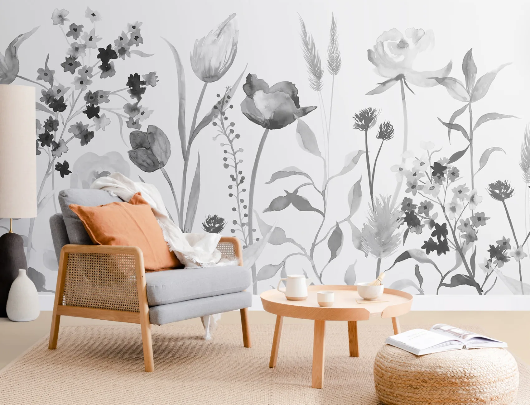 Large Gray Watercolor Flowers Wallpaper Mural