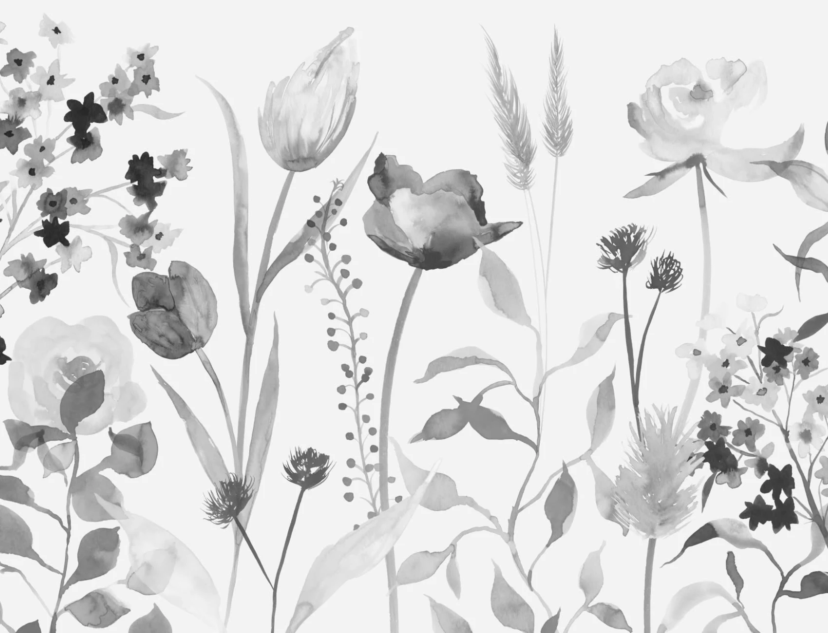 Large Gray Watercolor Flowers Wallpaper Mural