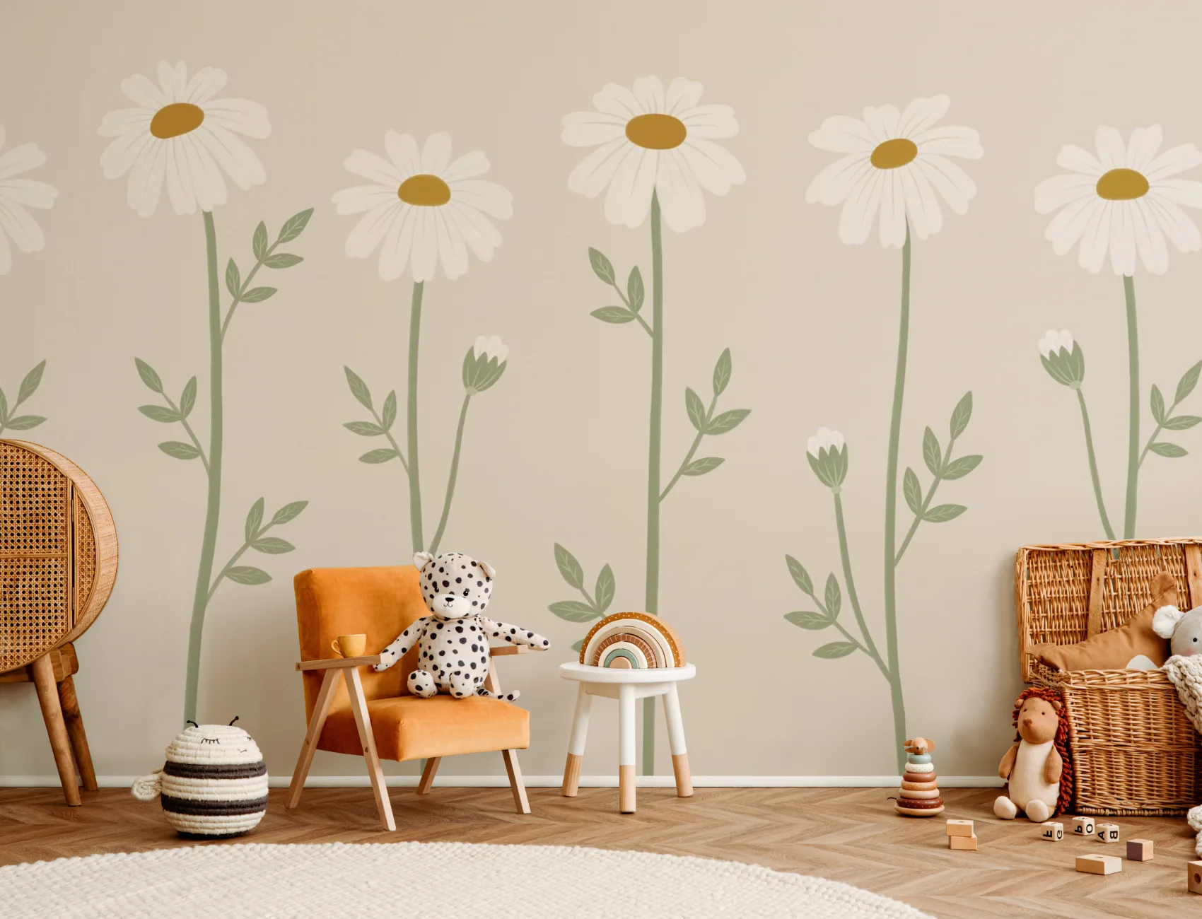 Mural de Parede Floral com Margaridas Botânicas Bege para Elegância