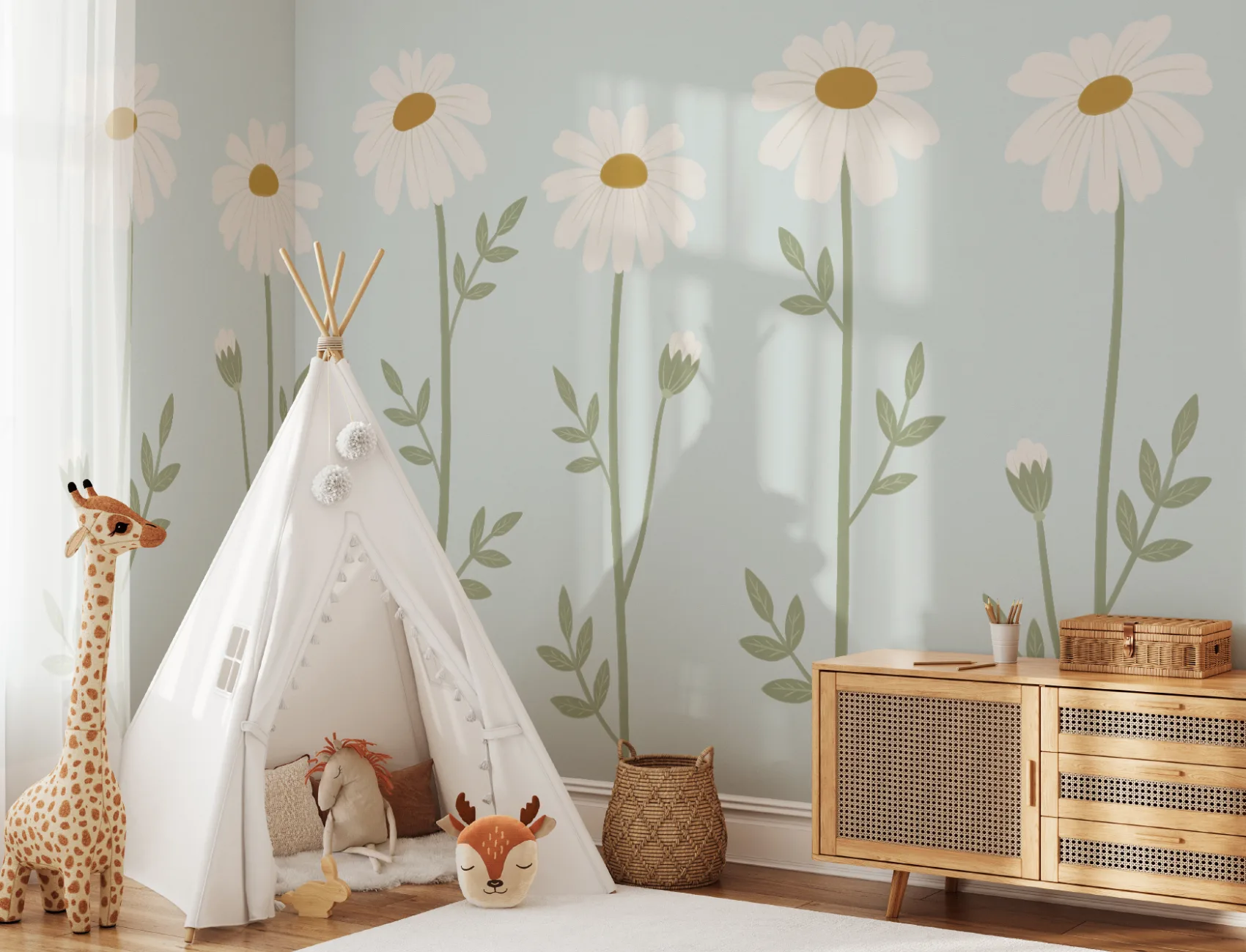 Soft Blue Daisy Floral Wall Mural For Calm Spaces