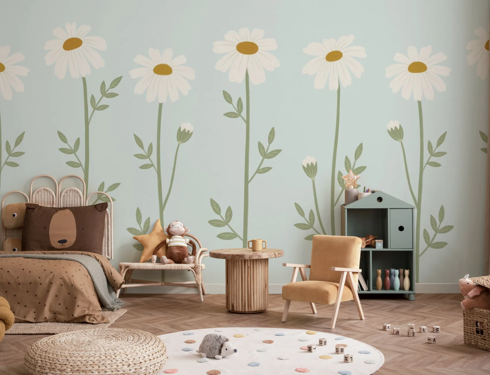 Soft Blue Daisy Floral Wall Mural For Calm Spaces
