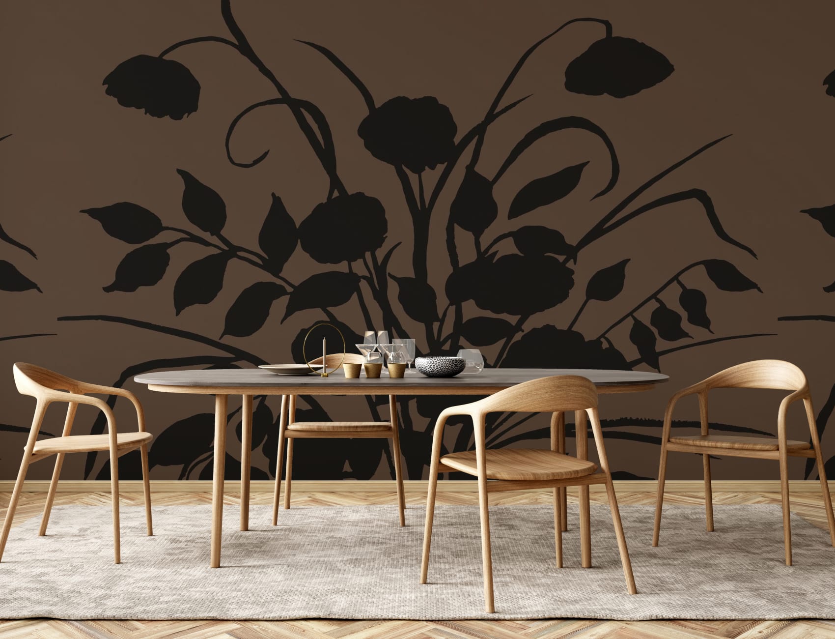 Murale botanică vintage cu siluetă florală maro