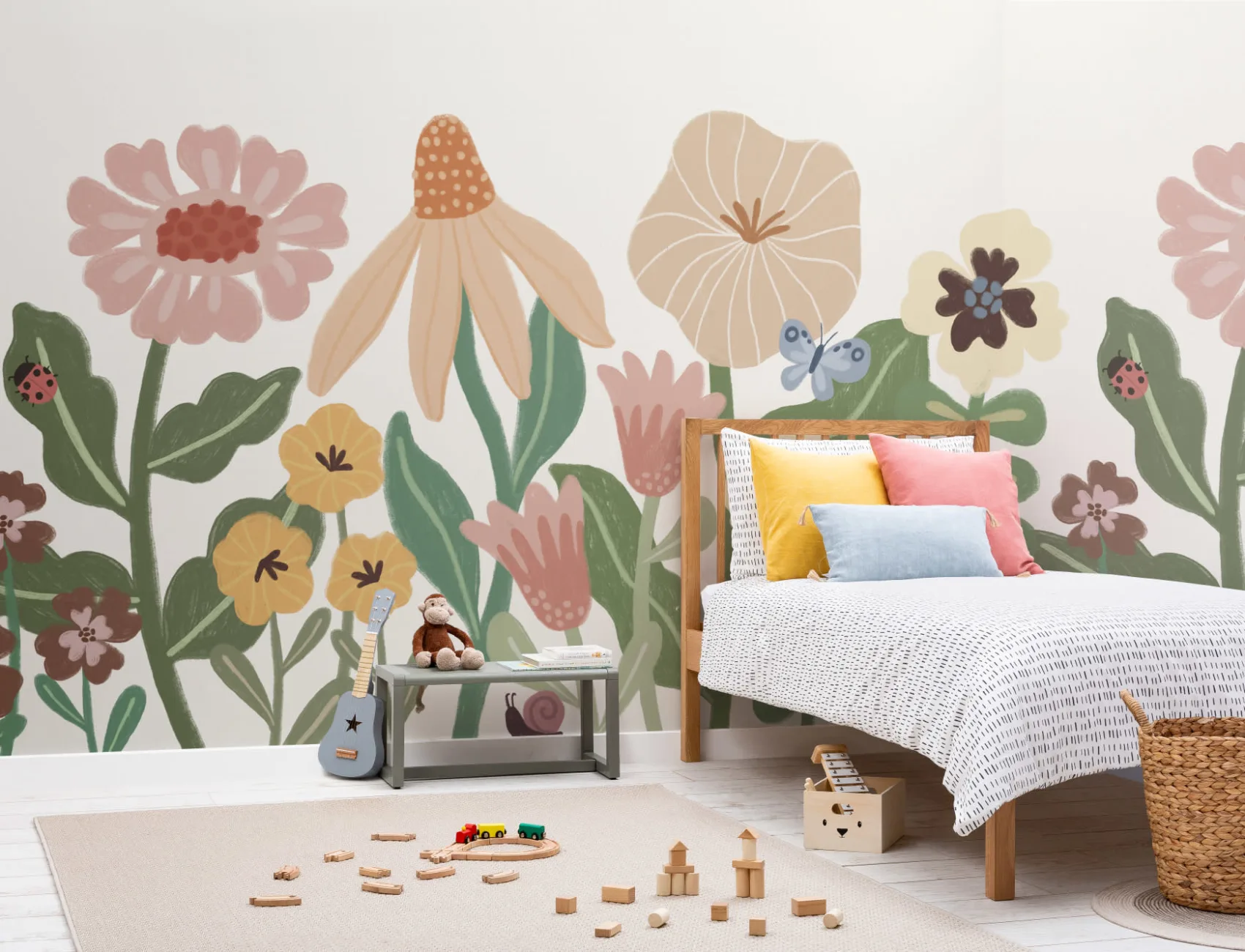 Pastel Kids Retro Scandinavian Flowers Mural