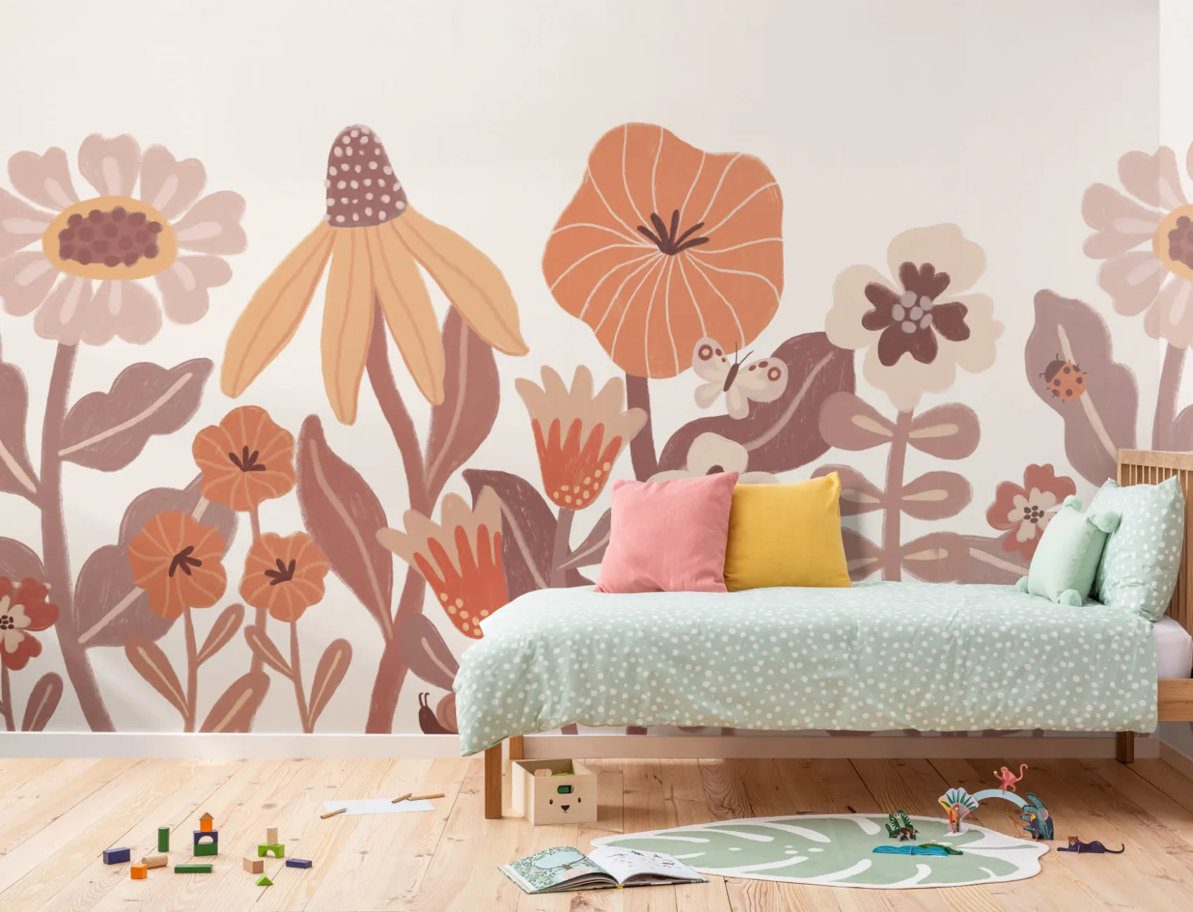 Copii portocalii  Murală retro cu flori scandinave